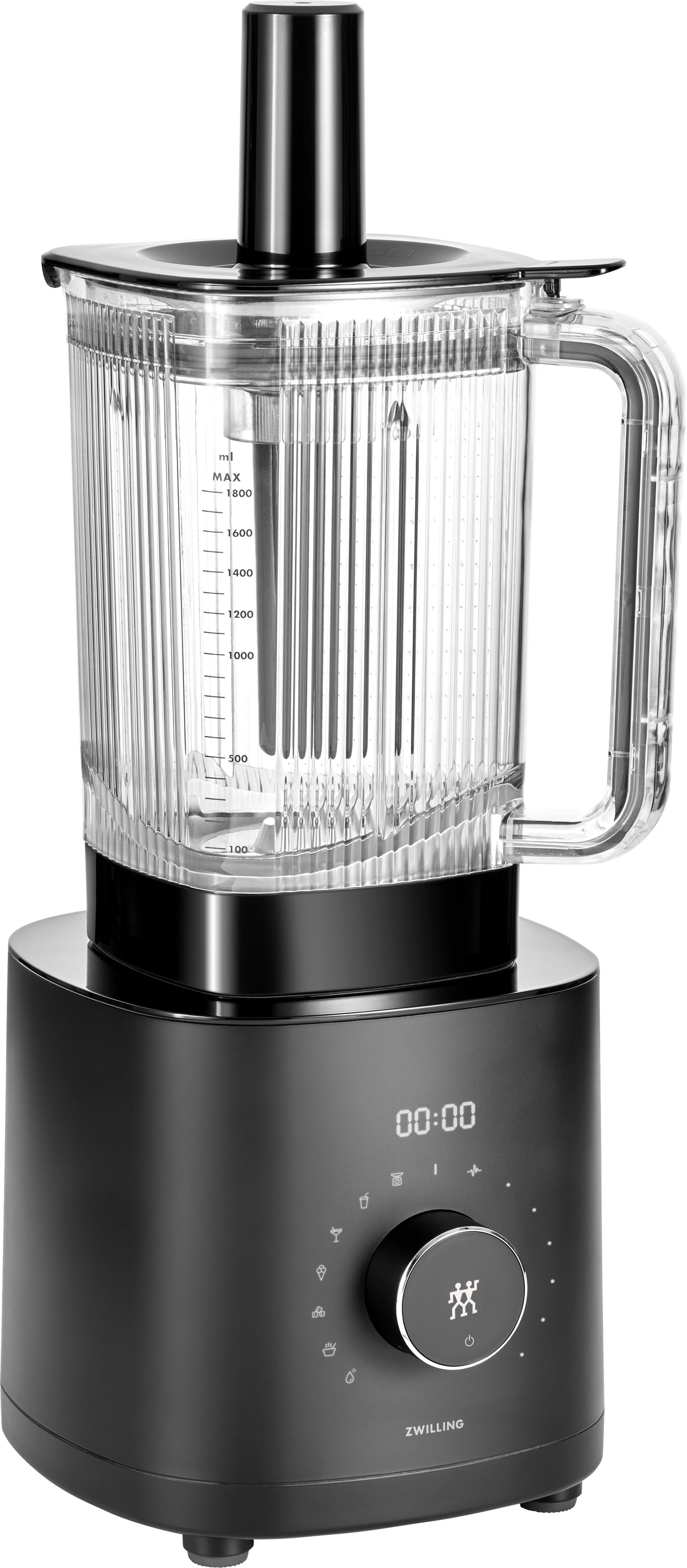 Ein schwarzer Zwilling-Mixer mit einem transparenten Behälter, der sein Design zeigt.