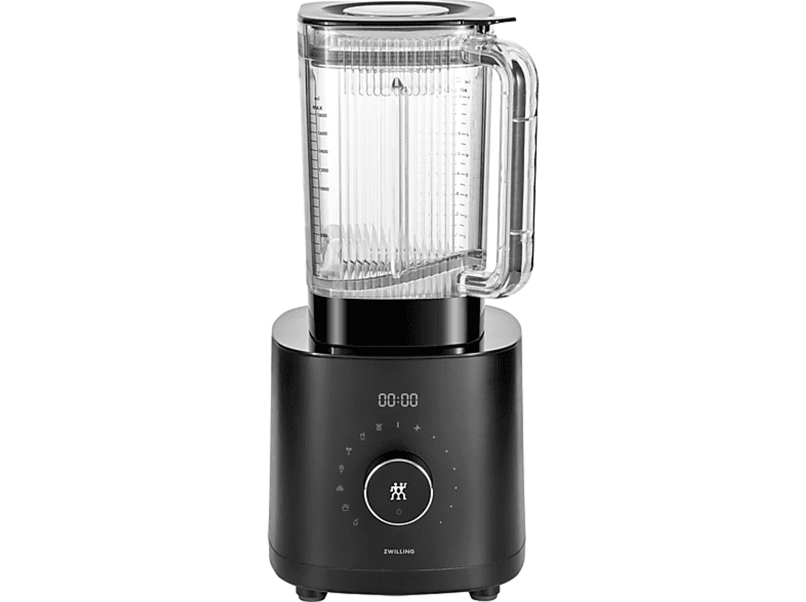 Schwarzer Zwilling-Mixer, zeigt die Basis mit Bedienelementen und einen transparenten Behälter. Schwarzer Hintergrund.
