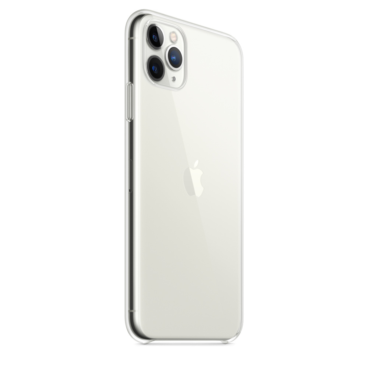 Un iPhone en una funda transparente, visto desde atrás en ángulo.