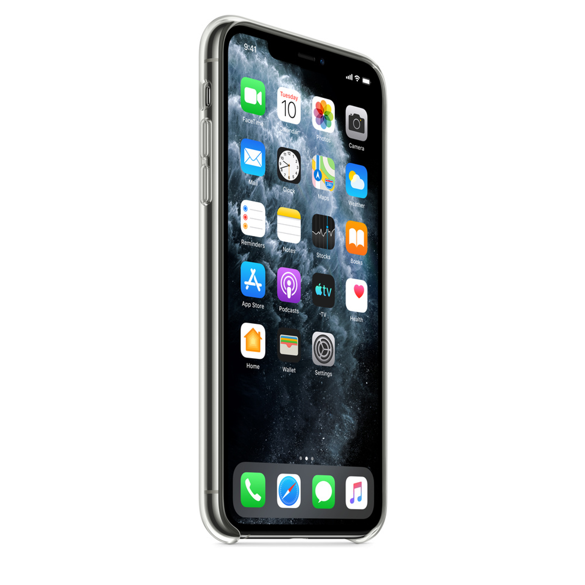 iPhone que muestra iconos de aplicaciones en la pantalla, con una funda protectora transparente.