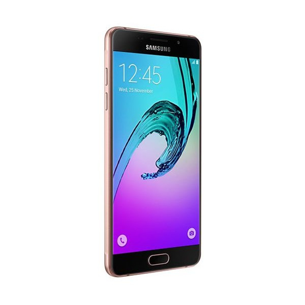 Goldenes Smartphone, zeigt einen Bildschirm mit Uhrzeit und farbenfrohem Hintergrundbild.