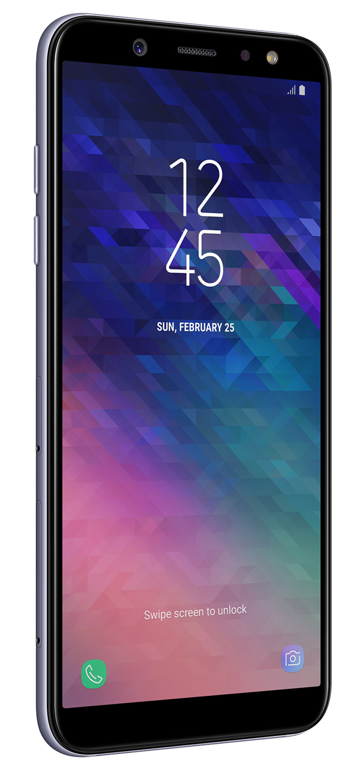Samsung Galaxy A6 Telefon. Schwarzer Bildschirm mit Zeitanzeige. Blau-graues Gehäuse.
