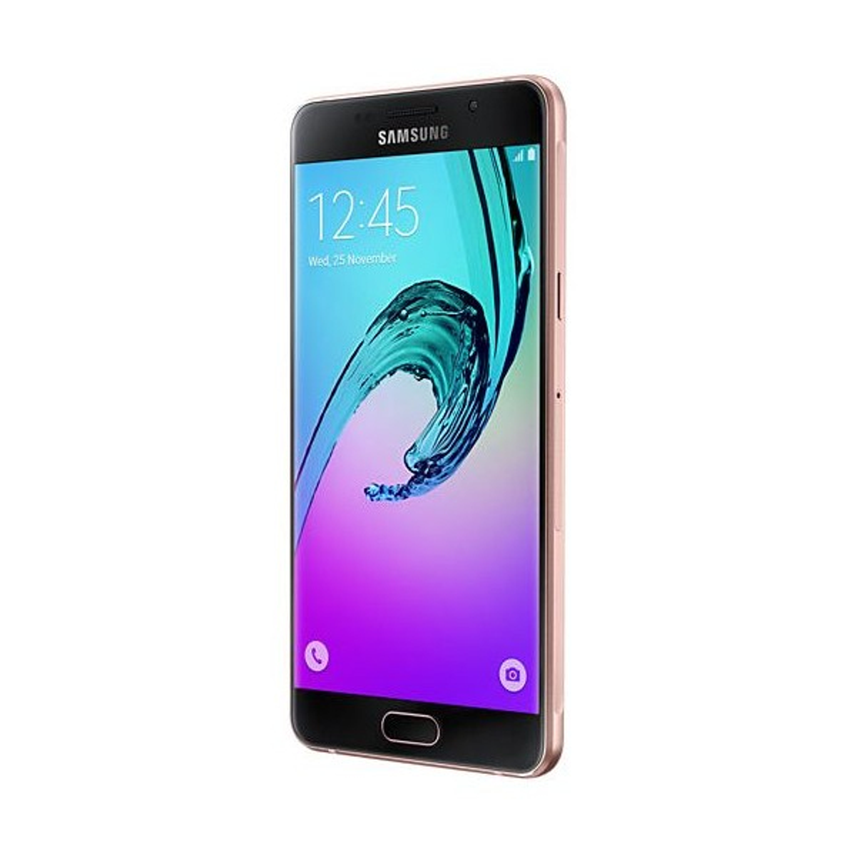 Ein goldfarbenes Smartphone mit gewölbtem Bildschirm, auf dem eine Digitaluhr angezeigt wird.