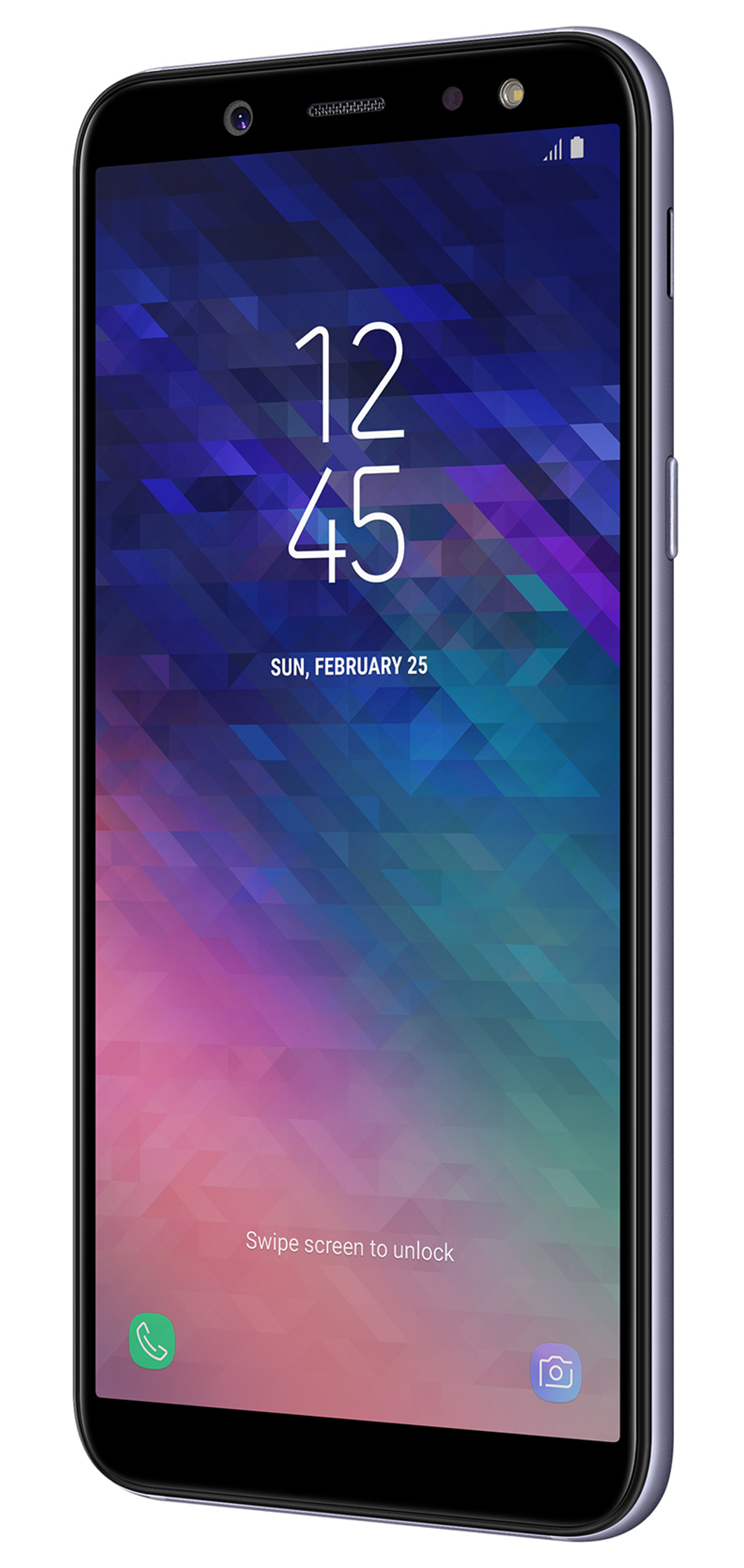 Smartphone mit 12:45 Uhr am 25. Februar. Der Bildschirm ist ein lila-blaues Mosaik.