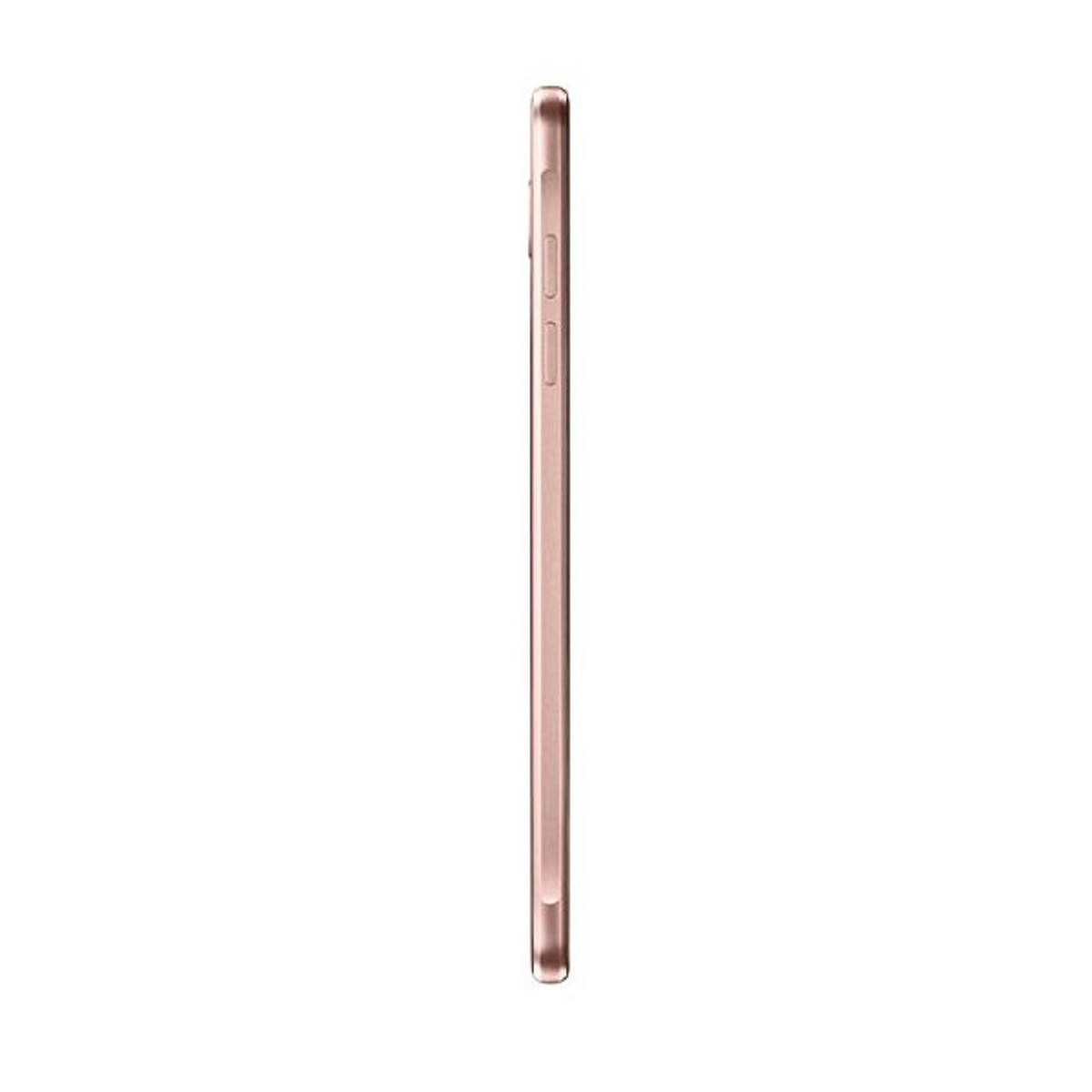 Seitenansicht eines roségoldenen Smartphones, schlankes Design, glatte Oberfläche. Vertikale Ansicht, weißer Hintergrund.