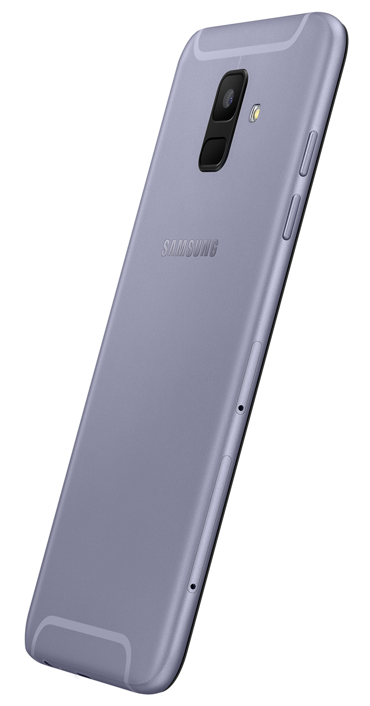 Ein lila Smartphone mit dem Samsung-Logo auf der Rückseite, nach rechts geneigt.