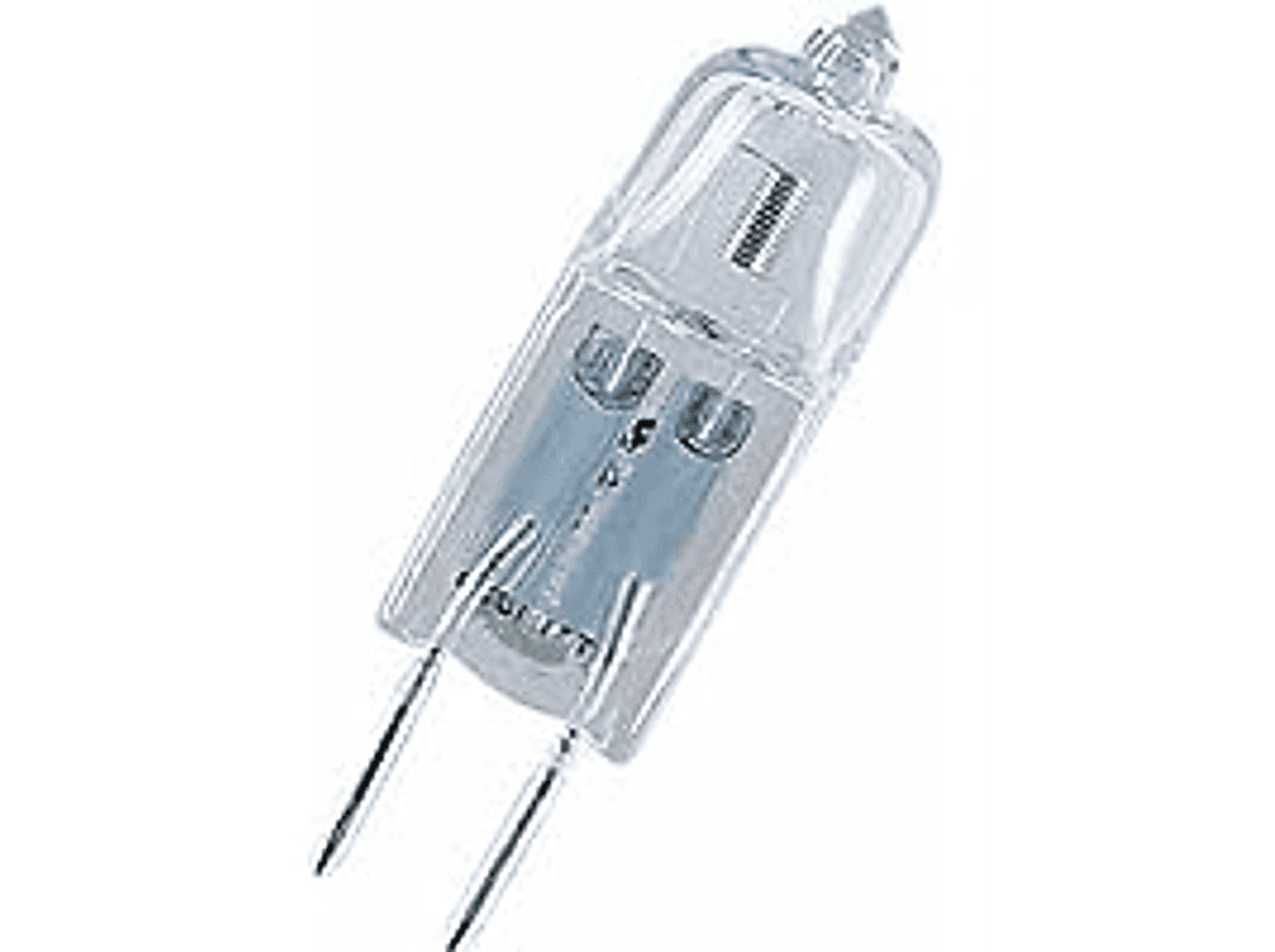 Mała żarówka halogenowa z dwoma bolcami wystającymi od dołu.