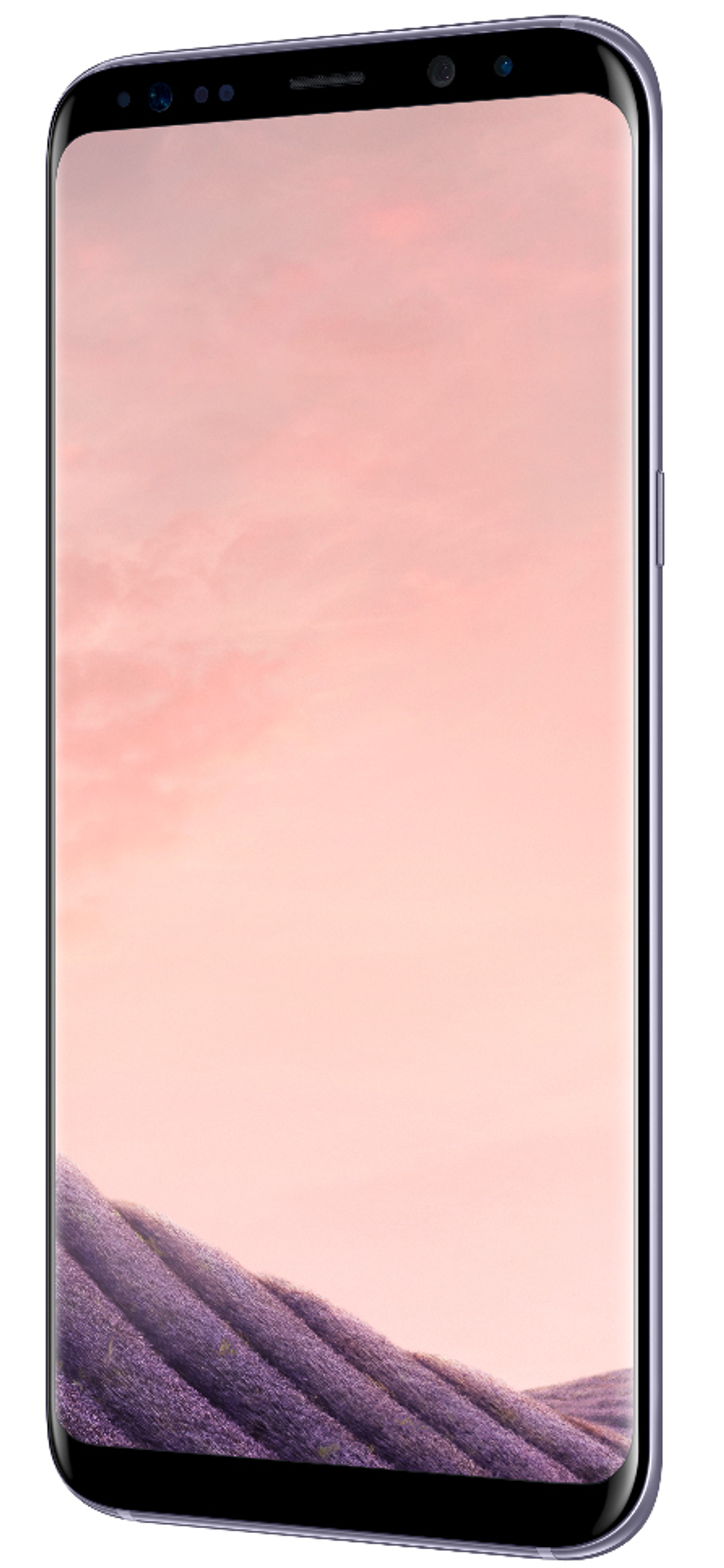 Ein lila Smartphone mit gebogenem Bildschirm. Der Hintergrund zeigt Himmel und Feld.