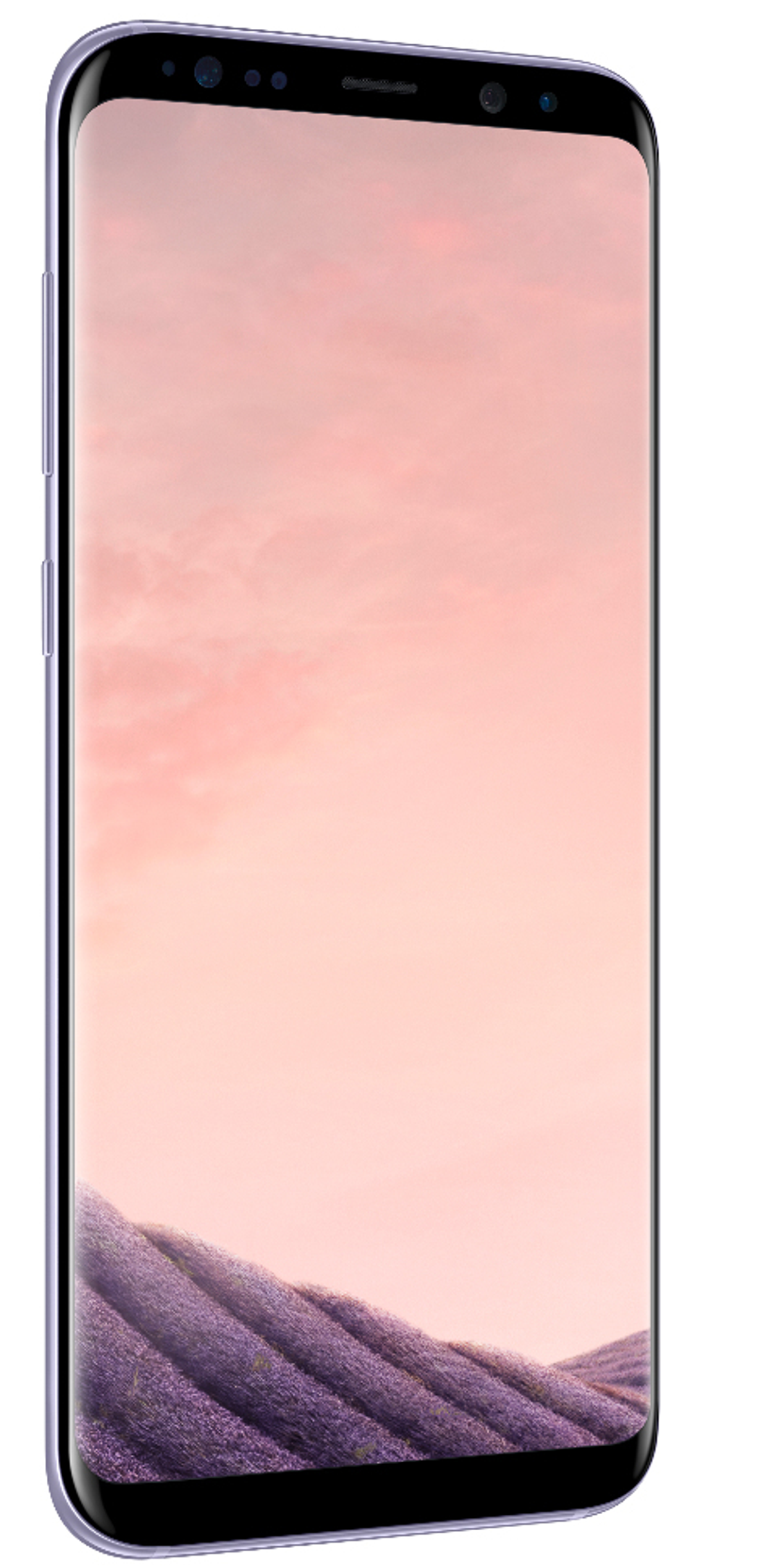 Ein lila Smartphone mit gebogenem Bildschirm, Landschaftsbild auf dem Display.