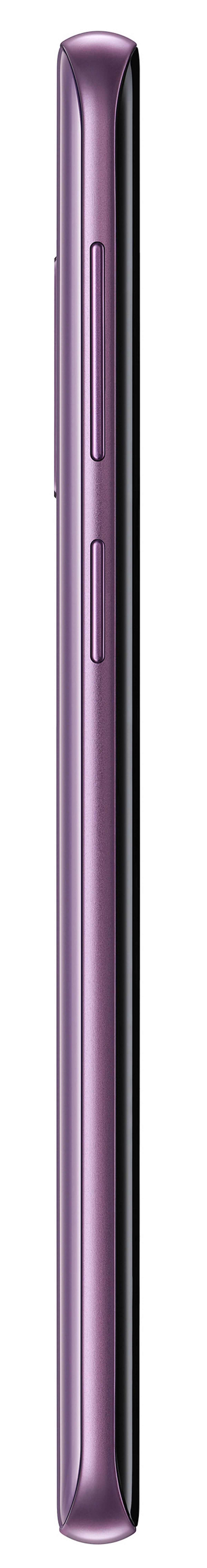 Ein violettes Smartphone, Seitenansicht, mit Knöpfen. Weißer Hintergrund.