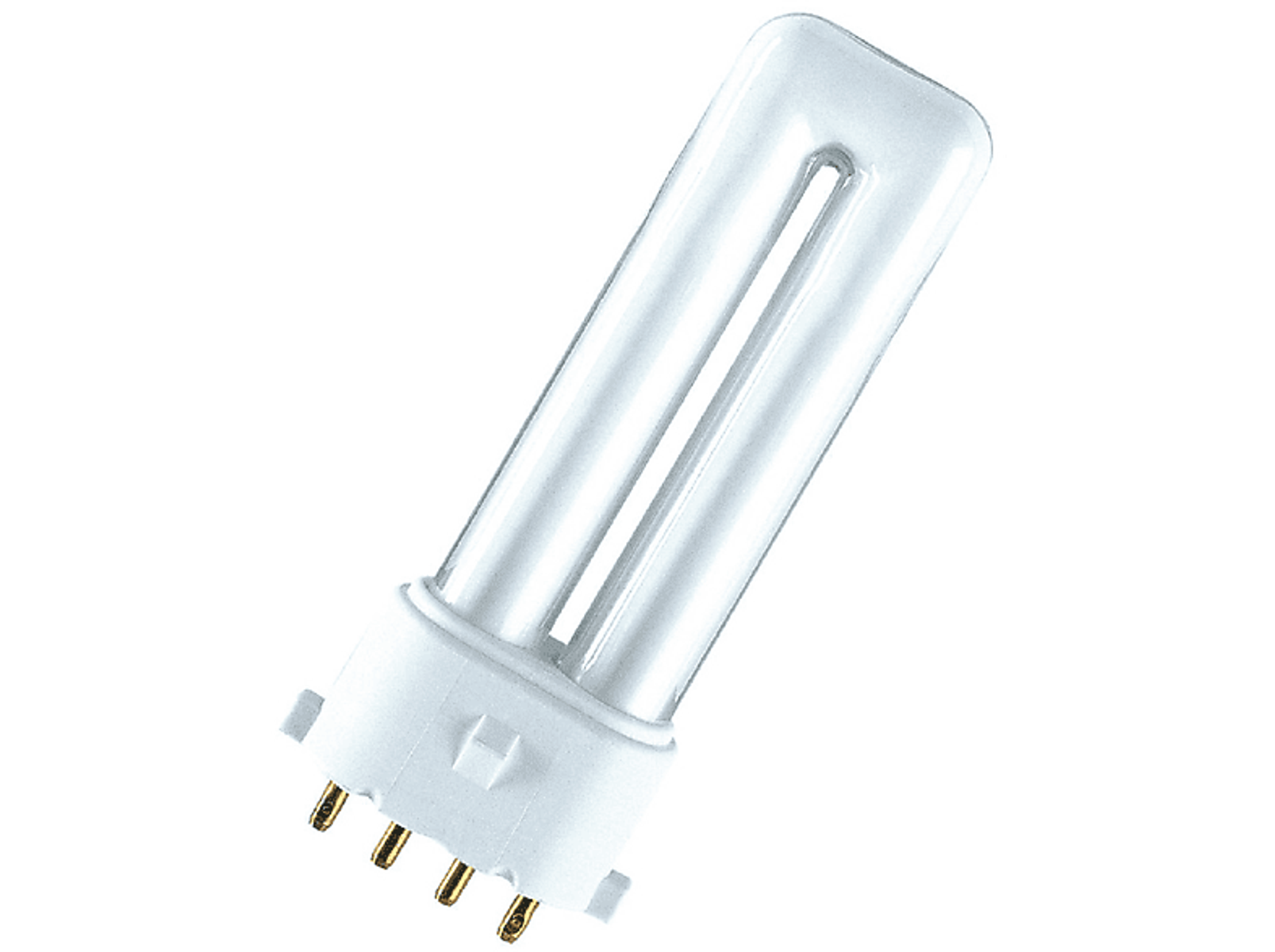 Biała świetlówka z czterema pinami. Jest przed czarnym tłem.