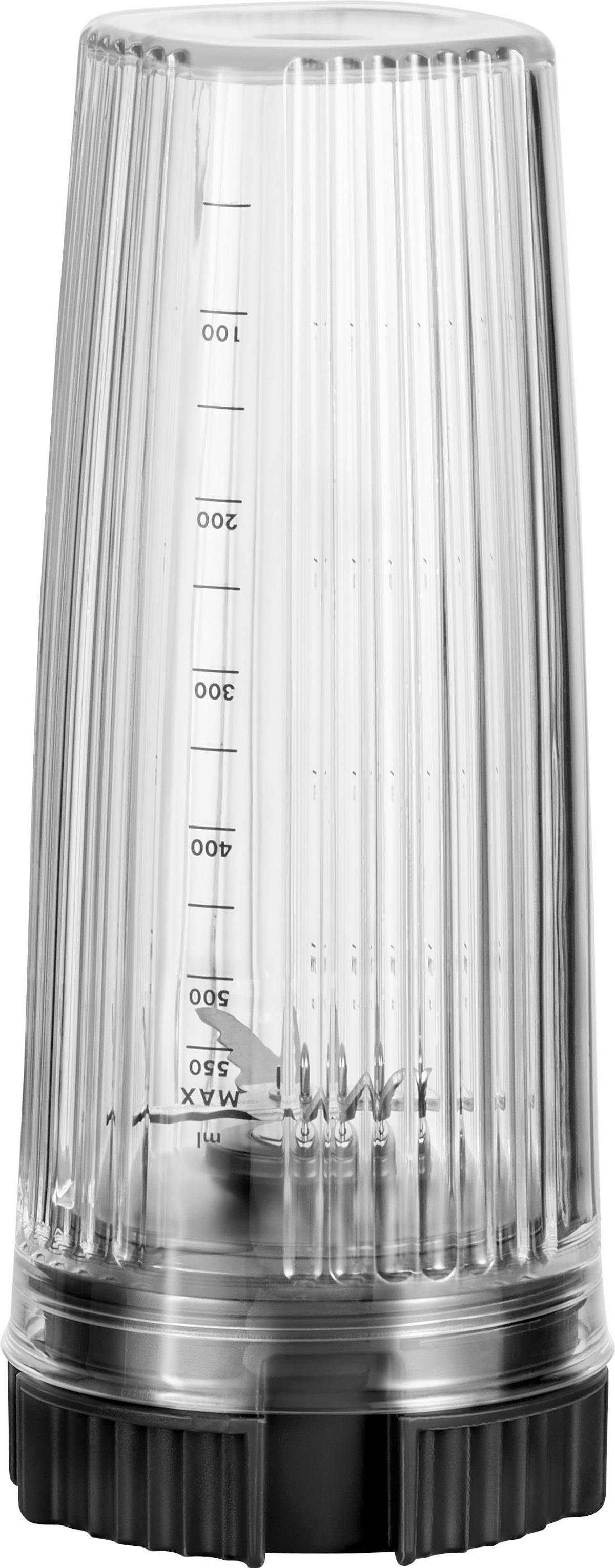 Przezroczysty pojemnik blendera pokazujący miarki i szczegóły ostrza.