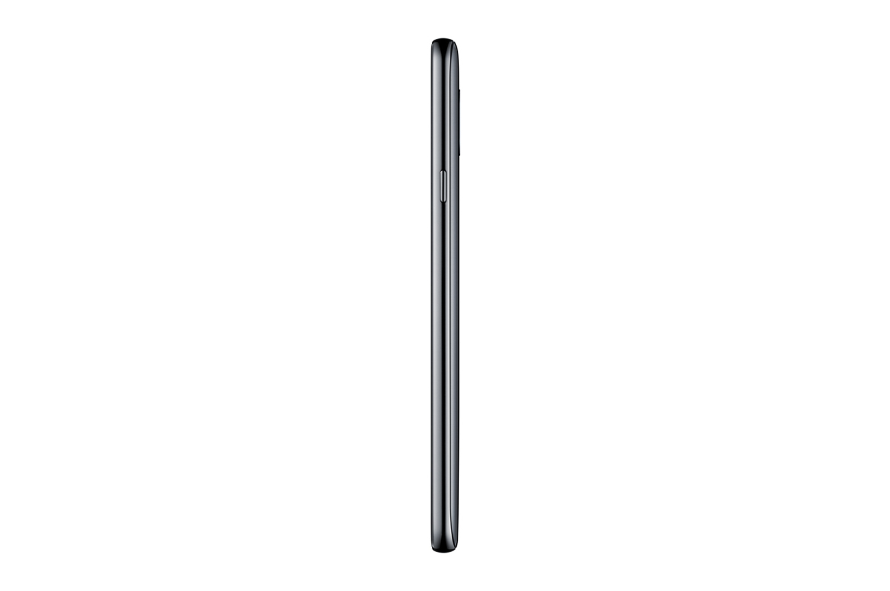 Seitenansicht eines schwarzen Telefons. Das Telefon vor weißem Hintergrund. Seite zeigt Tasten und schlankes Design.