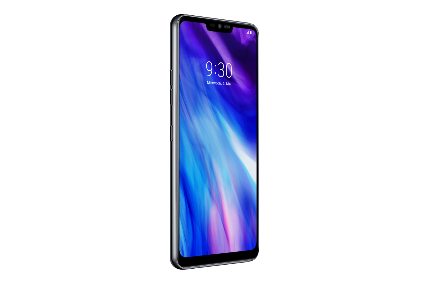 Silbernes Smartphone mit gebogenem Display. Der Bildschirm zeigt die Uhrzeit. Das Telefon ist abgewinkelt.