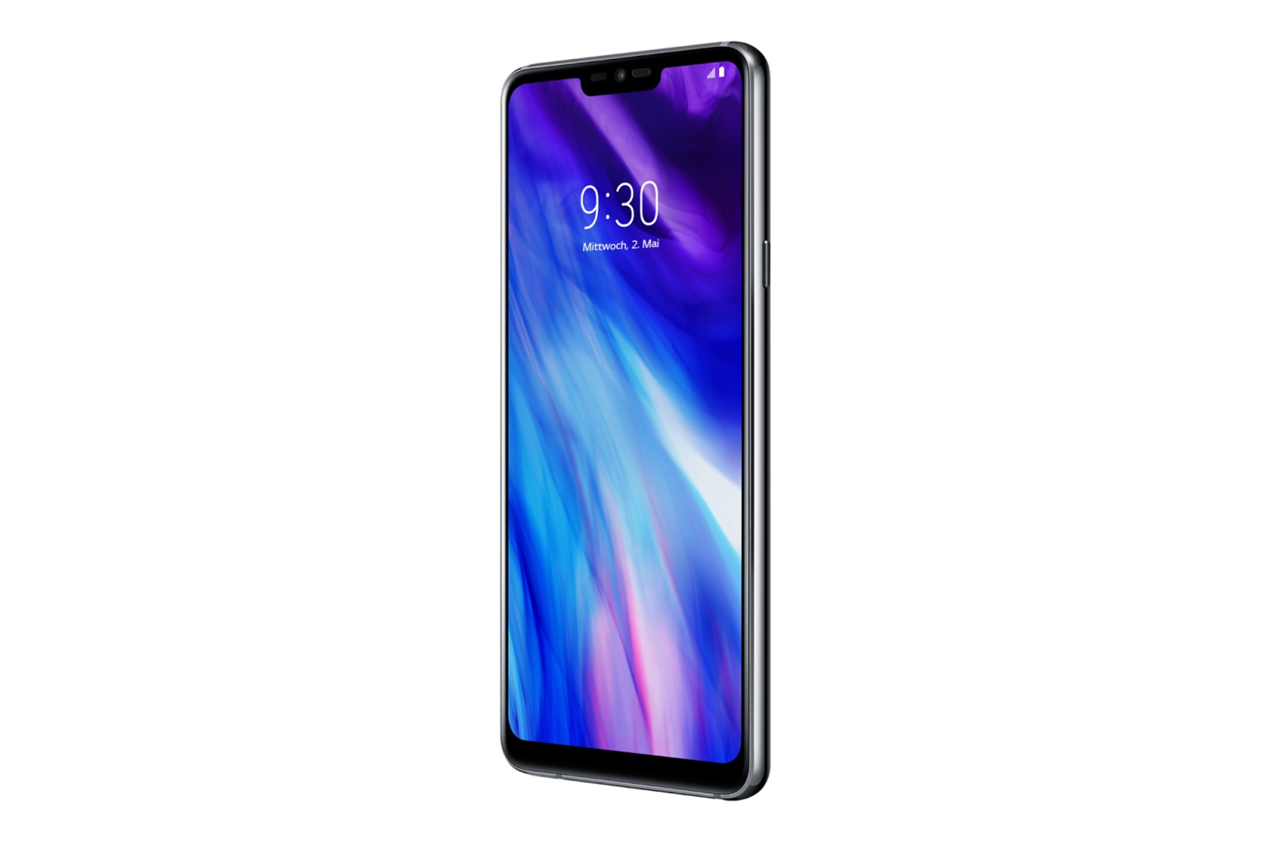 Ein Smartphone mit großem Bildschirm, der die Uhrzeit und das Datum anzeigt. Der Rahmen ist silberfarben und der Bildschirm hat Farben.