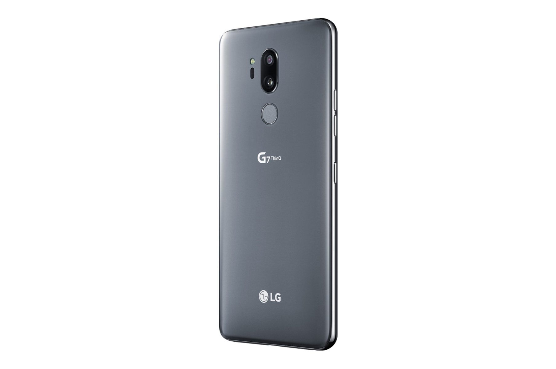 Die Rückseite eines grauen LG G7 ThinQ-Telefons, die Kamera und das LG-Logo zeigend.