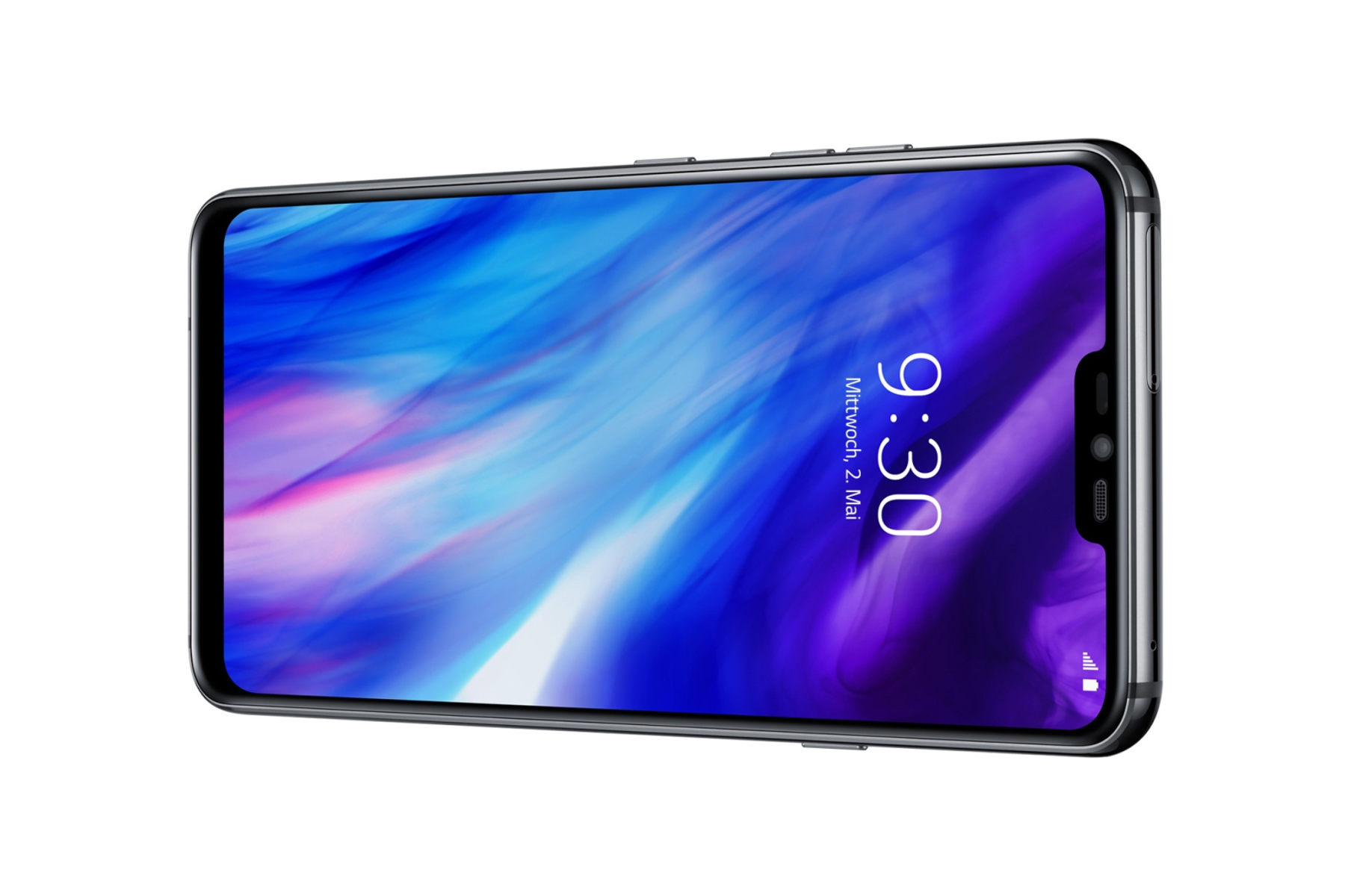 Smartphone mit großem Bildschirm, der Text und Symbole auf weißem Hintergrund anzeigt.