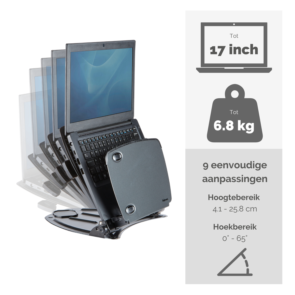Laptop na stojaku, regulowany. Czarny laptop i stojak, z grafiką informacyjną. Szare tło.