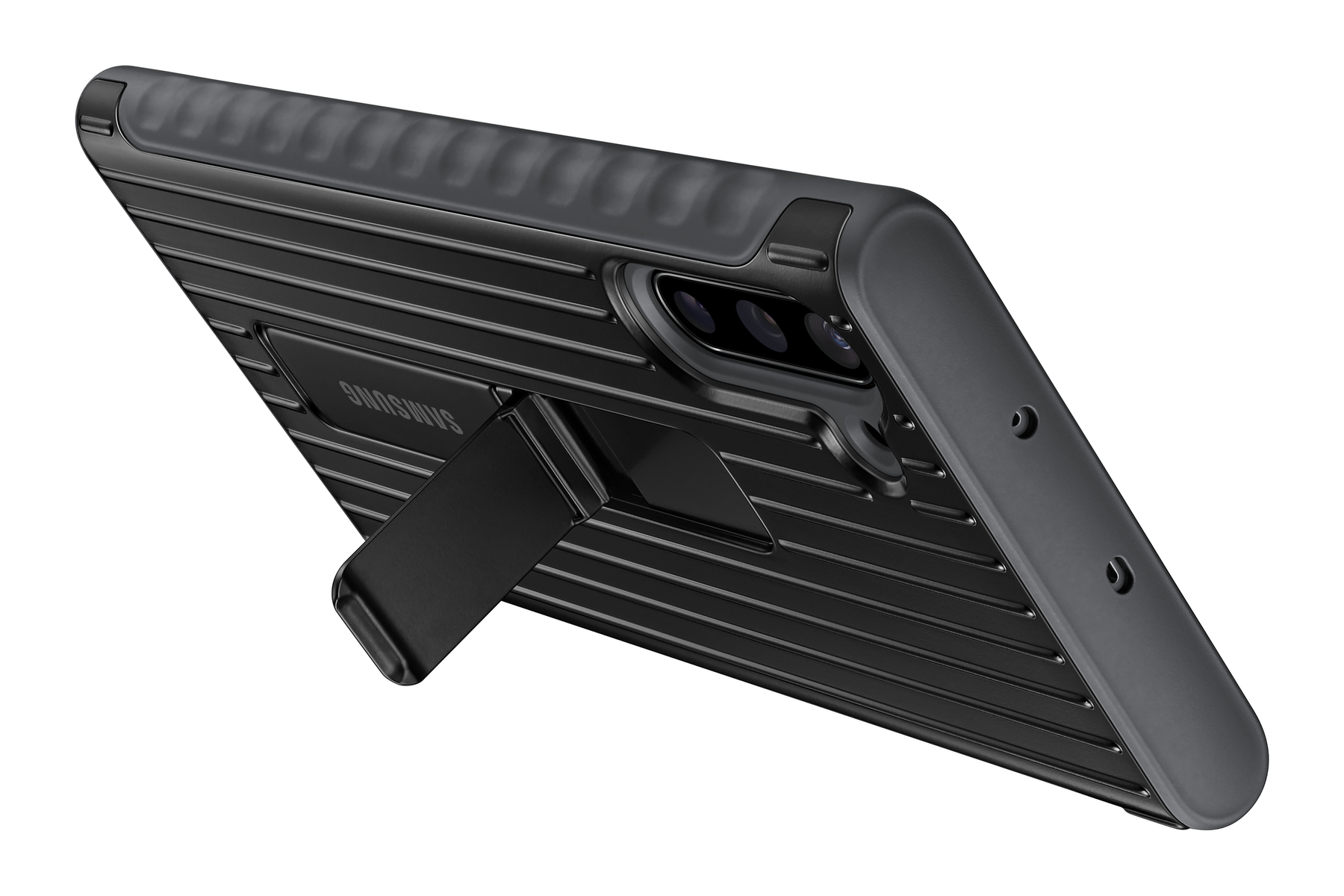 Schwarzes Smartphone in Hülle. Seitenansicht, Rückseite mit ausgeklapptem Ständer. Samsung-Logo.