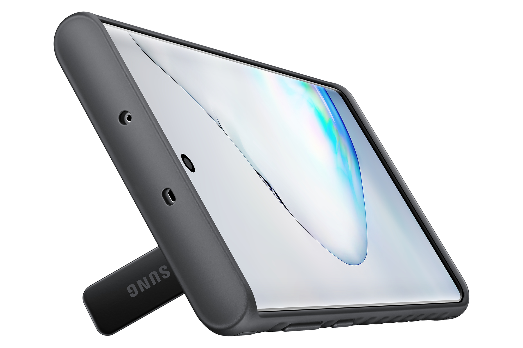 Smartphone in Hülle, Seitenansicht. Bildschirm geneigt, Ständer ausgeklappt. Samsung-Logo.