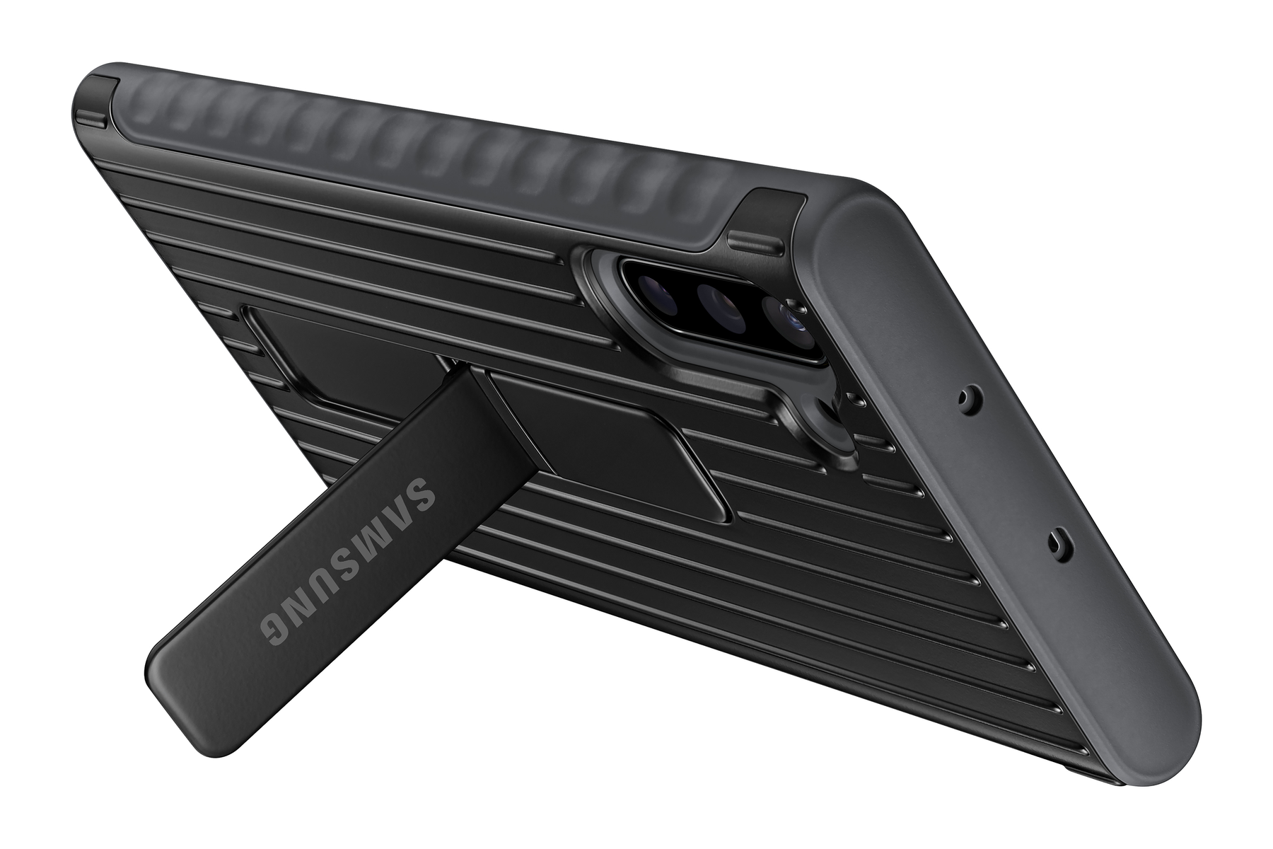 Schwarze Telefonhülle mit Ständer. Samsung-Logo. Gerilltes Texturdesign.