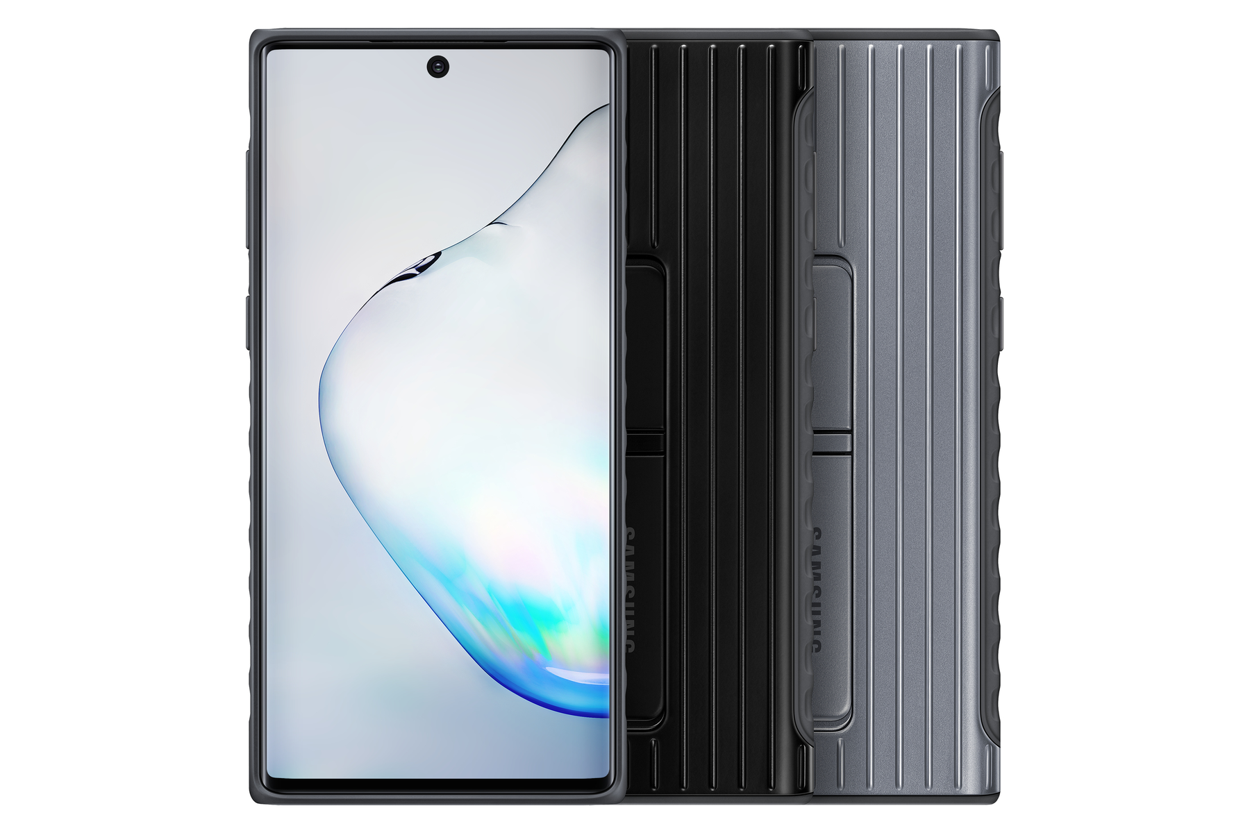 Schwarze Telefonhülle mit Telefon. Telefon zeigt Welle. Hülle hat Rippenstruktur.