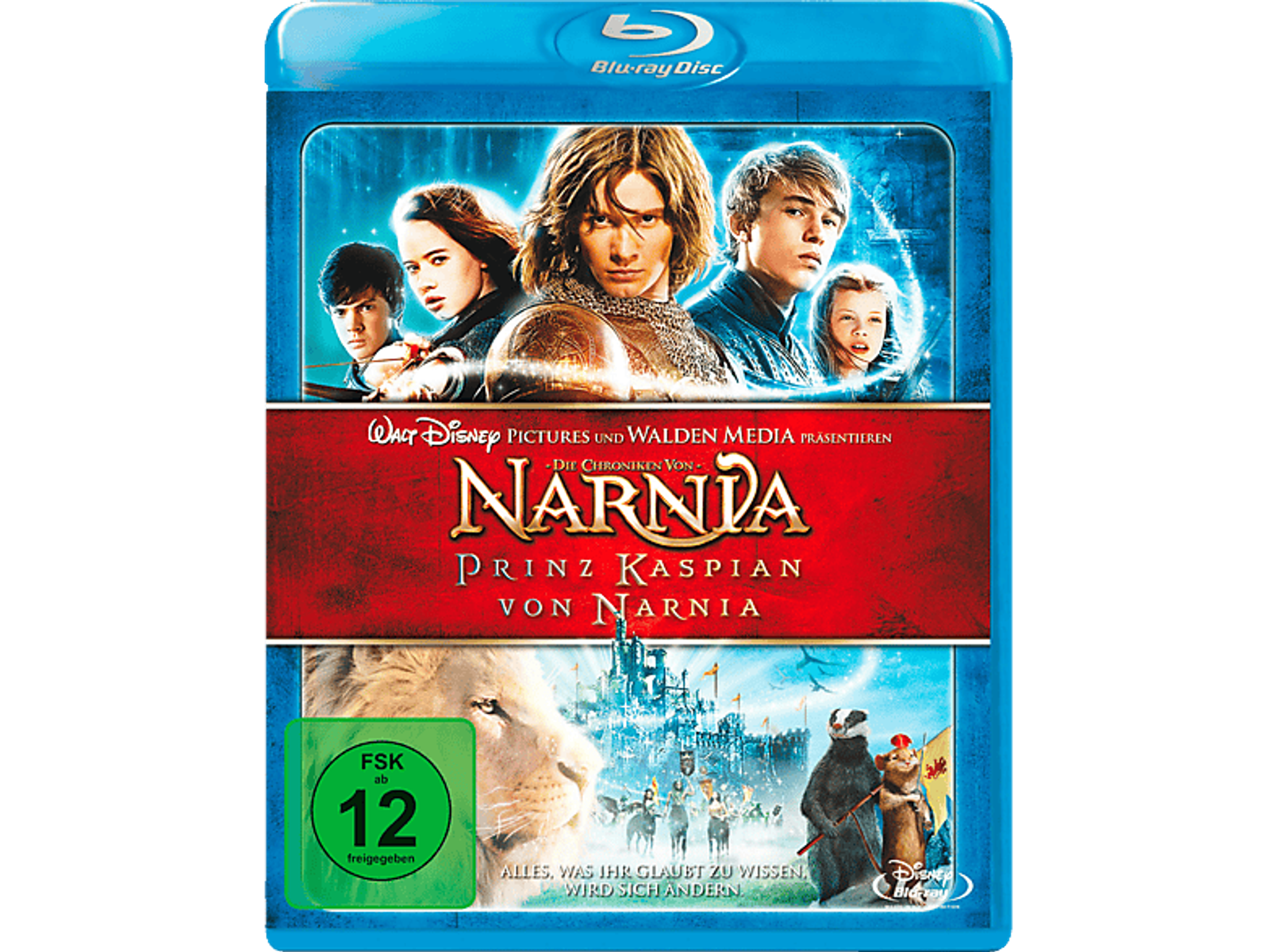 Die Chroniken von Narnia: Prinz Kaspian Blu-ray Cover mit den Hauptfiguren und Aslan dem Löwen.