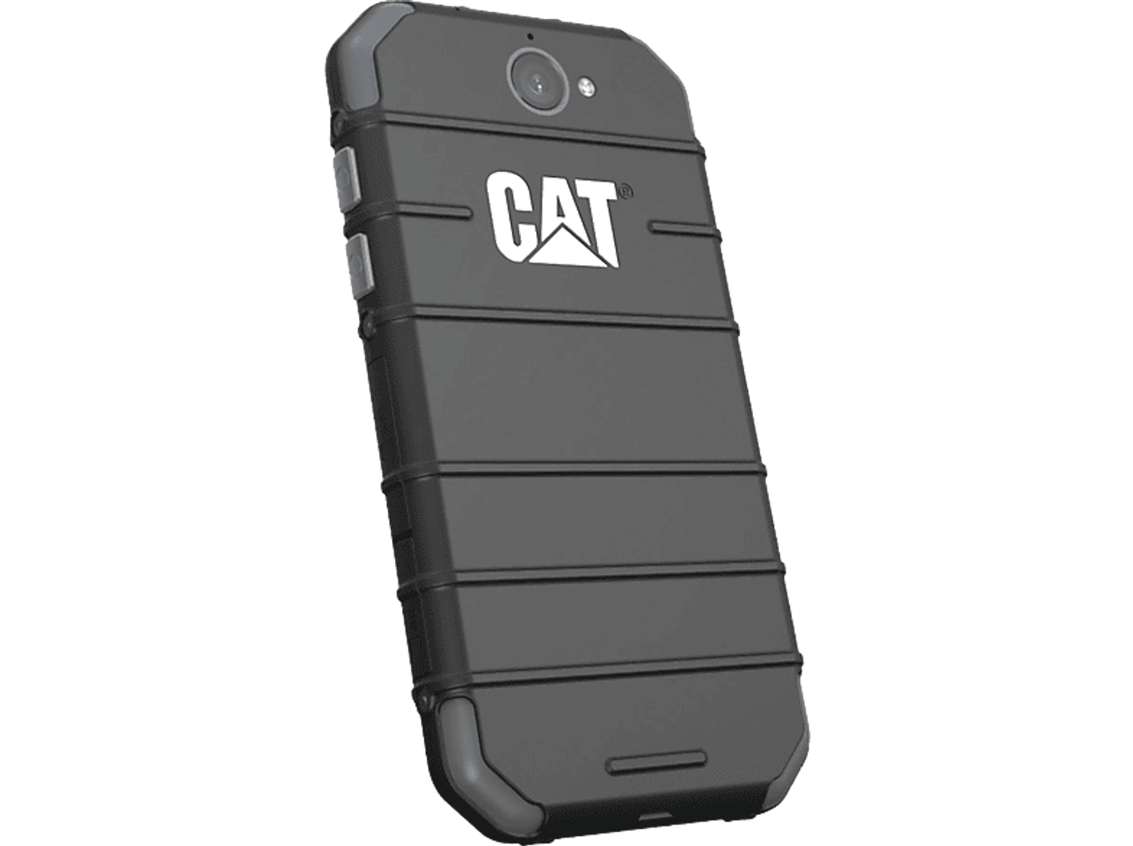 Schwarzes, robustes Telefon mit CAT-Logo auf schwarzem Hintergrund.
