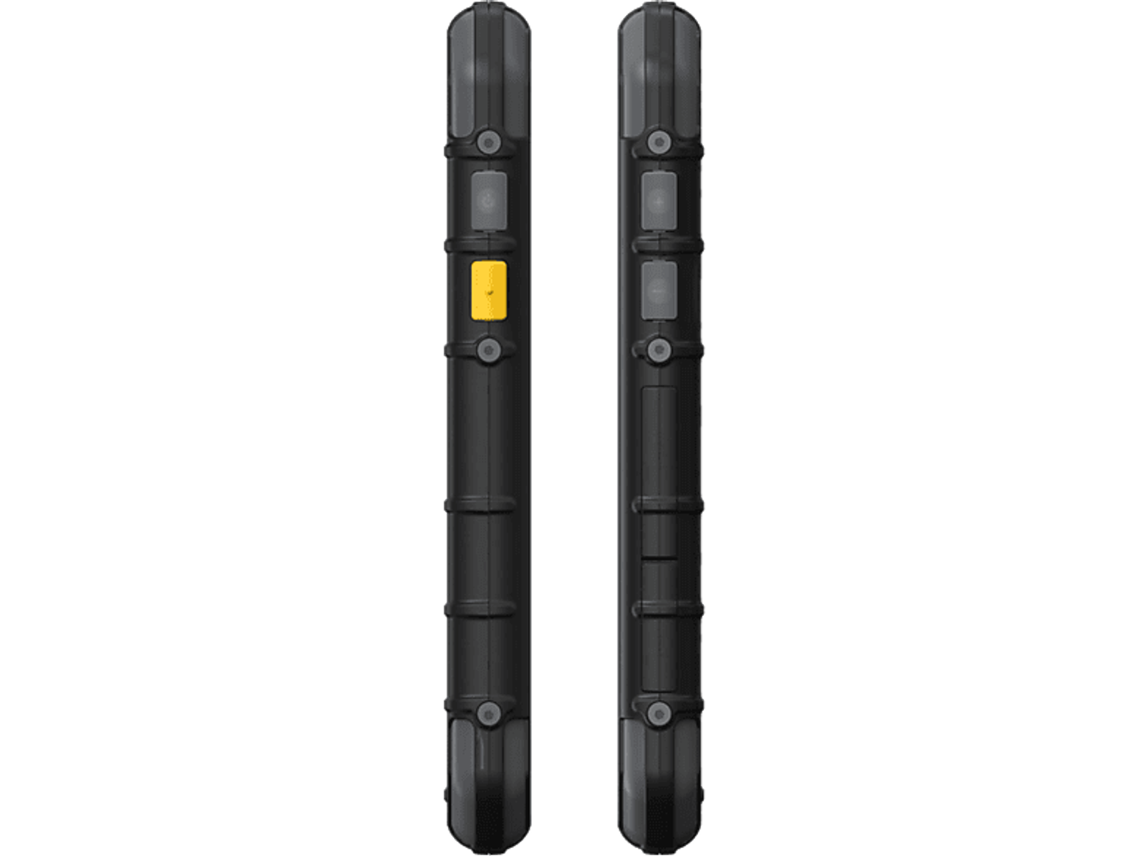 Zwei schwarze Telefonrahmen, Seitenansicht, auf schwarzem Hintergrund, mit Knöpfen.