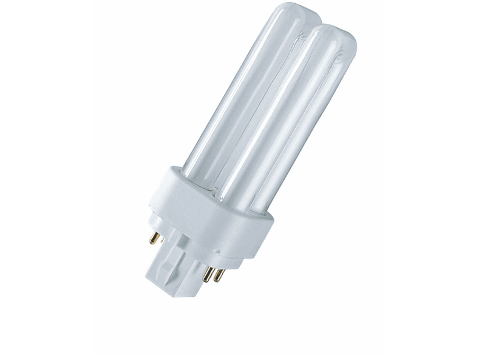 Una lampadina bianca a forma di U con due tubi paralleli e base bianca.