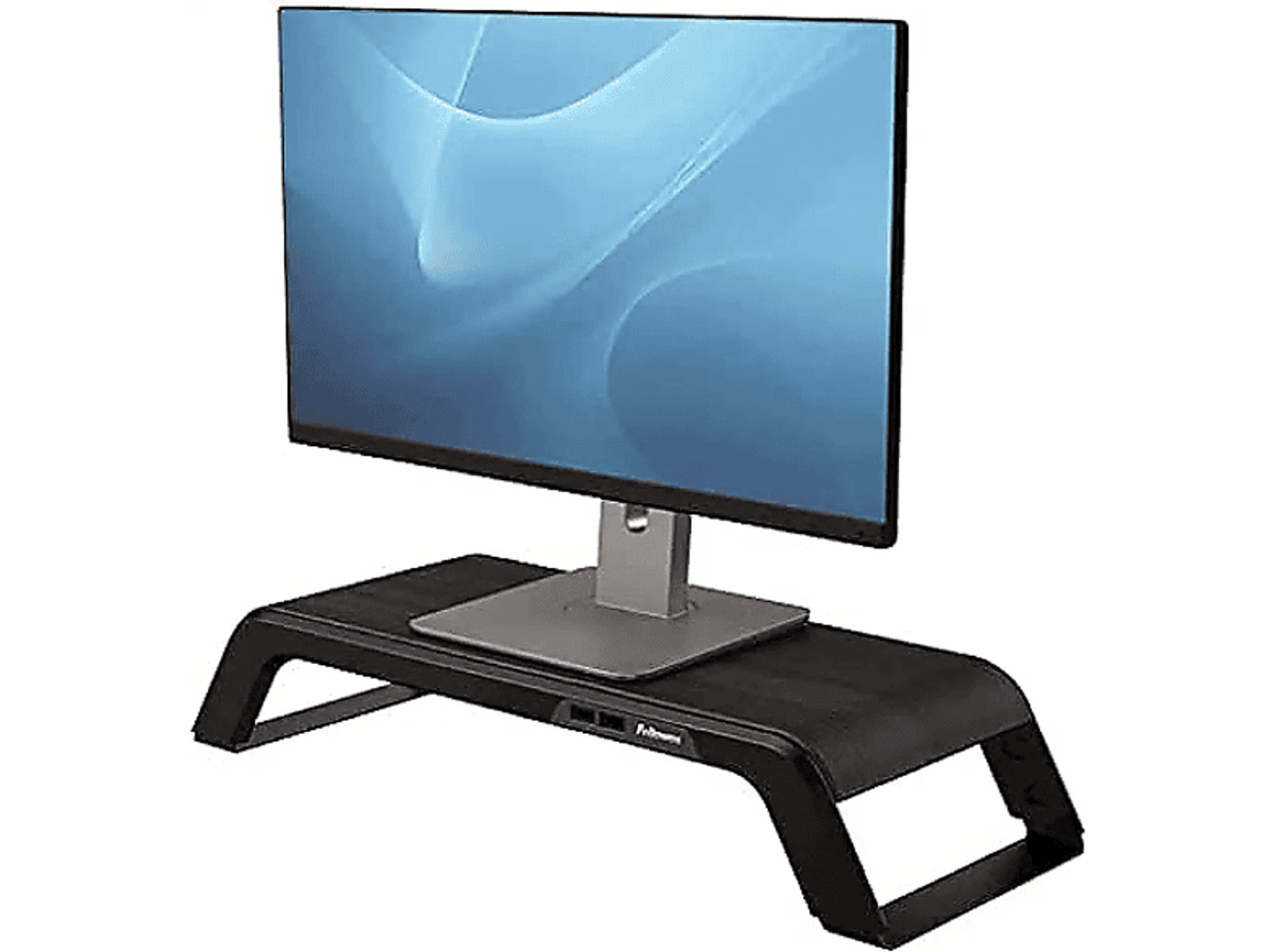 Monitor na czarnym stojaku. Stojak ma zakrzywioną konstrukcję i wykończenie z ciemnego drewna.