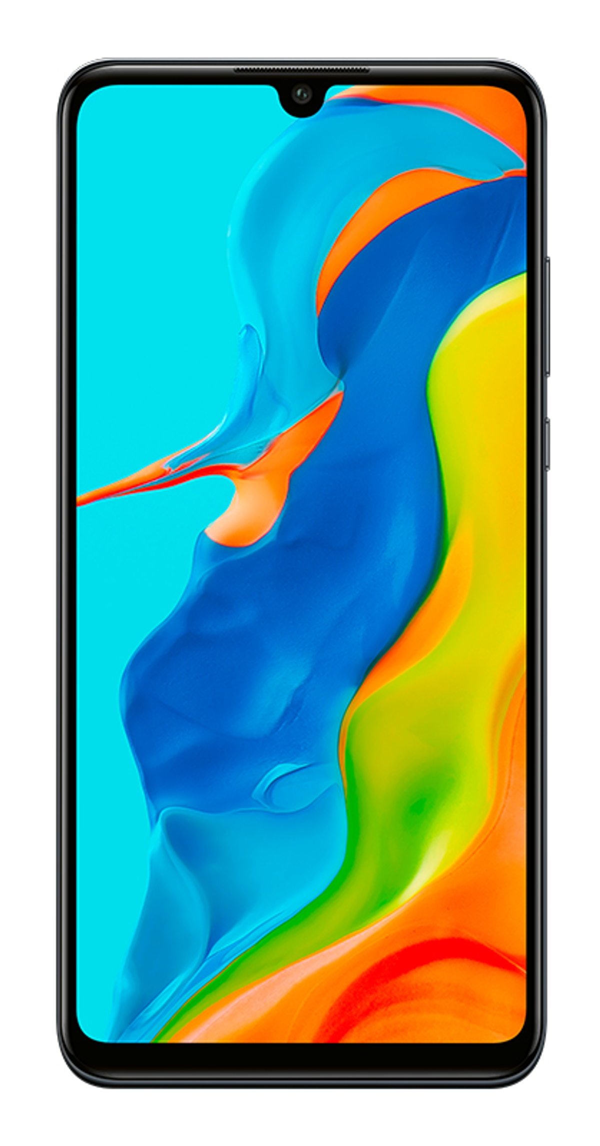 Czarny smartfon z kolorowym, abstrakcyjnym wzorem na ekranie, z niebieskim, pomarańczowym i żółtym.