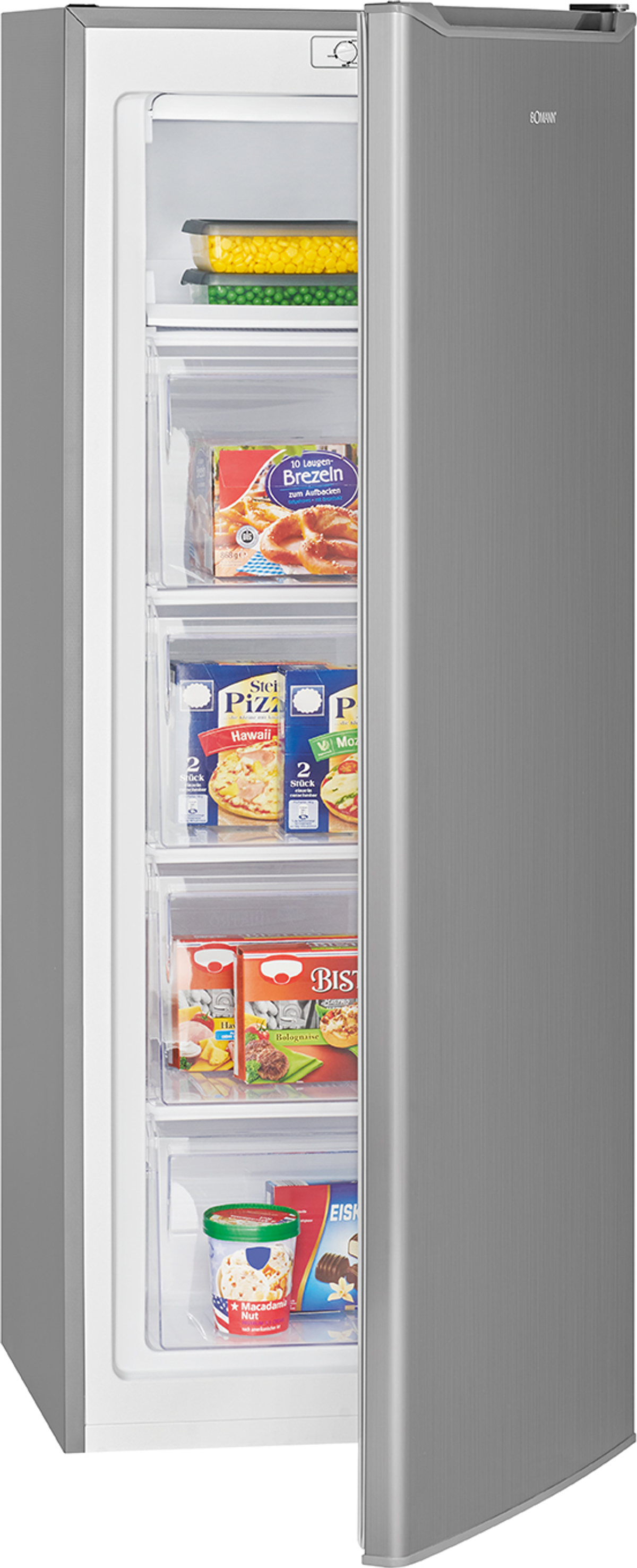 Ein silberner Kühlschrank mit offener Tür, die die Innenfächer zeigt.