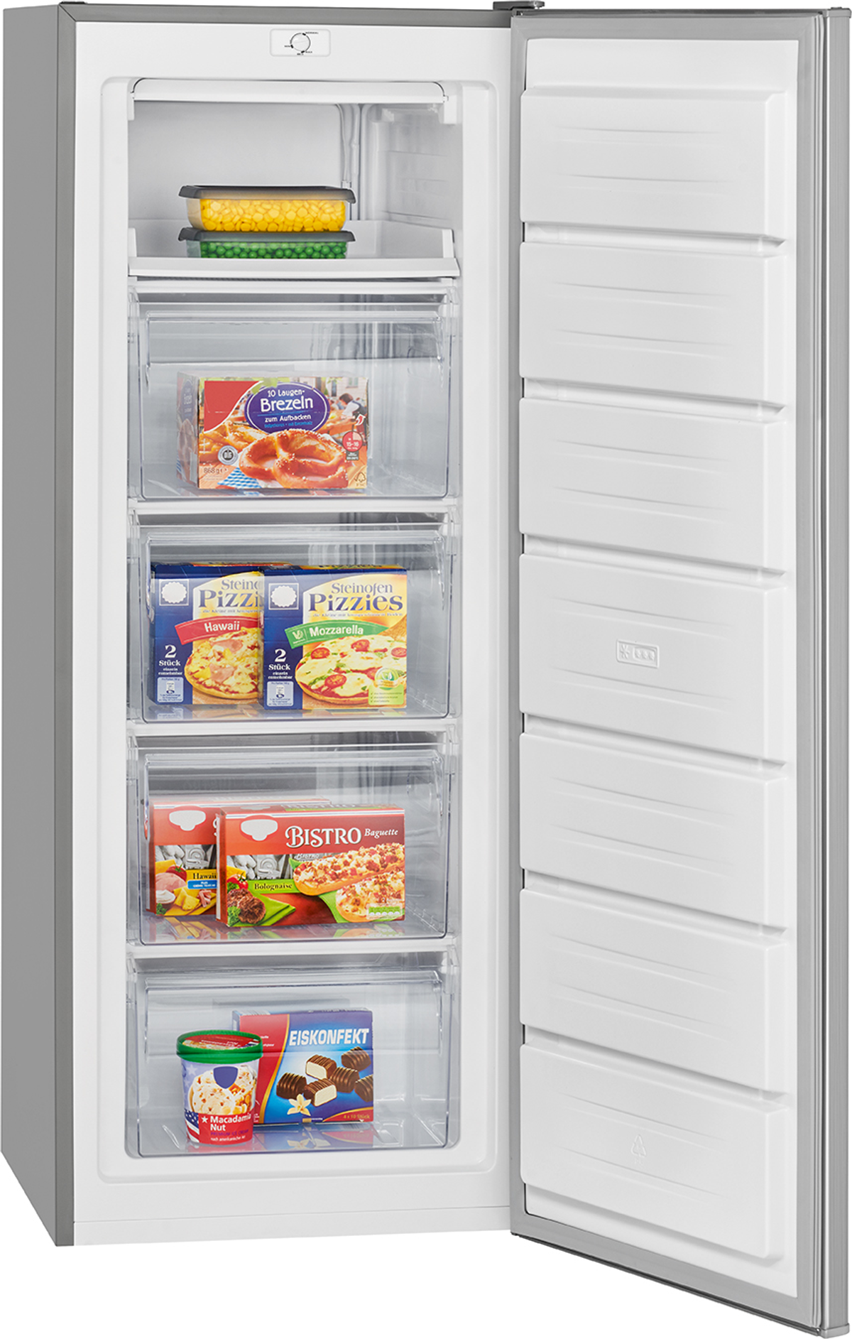 Ein Kühlschrank mit geöffneter Tür, der Tiefkühlkost in Schubladen und Regalen zeigt.