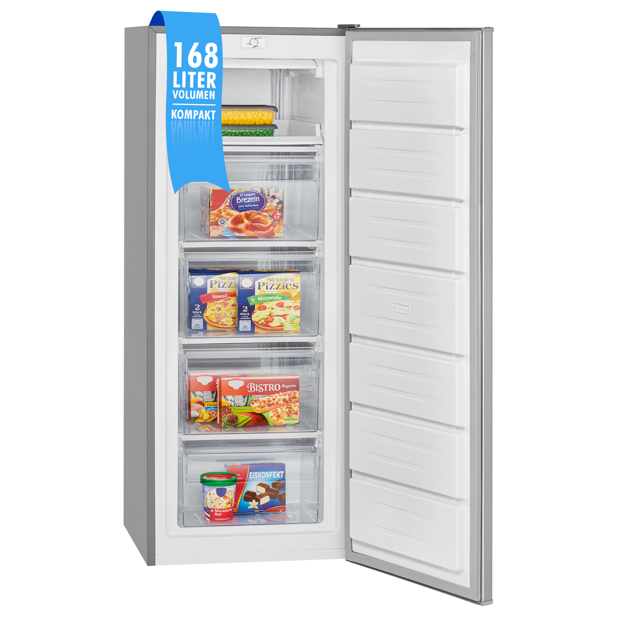 Weißer Gefrierschrank mit geöffneter Tür. Innen Schubladen und Regale. Lebensmittel sichtbar.