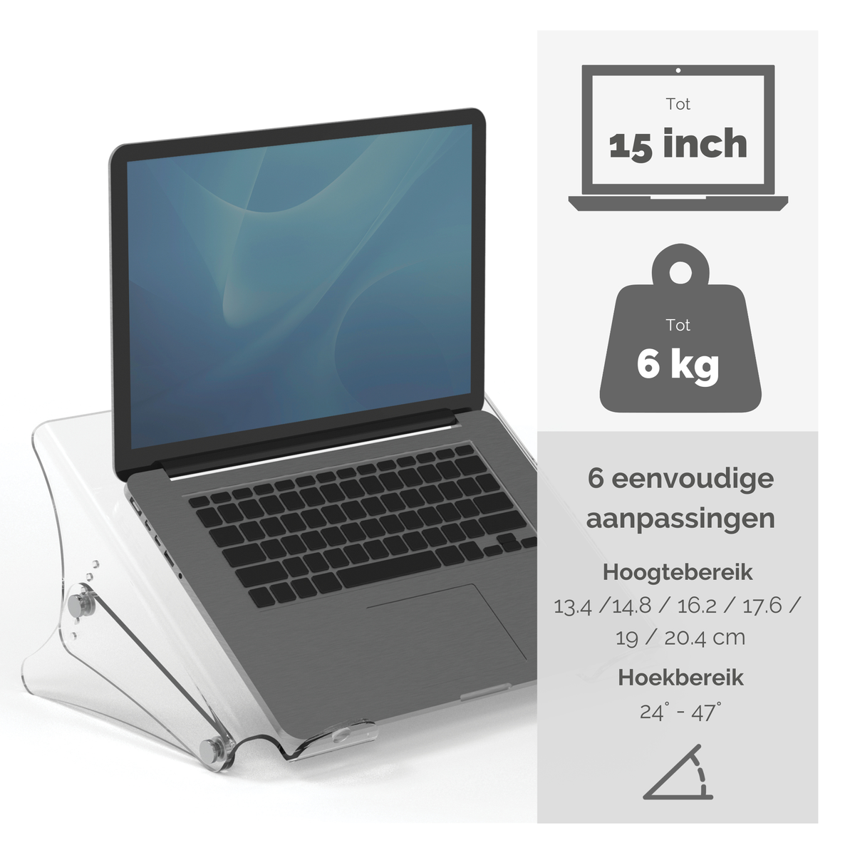 Laptop na przezroczystym stojaku. Tekst informacyjny i grafika po prawej stronie. Białe tło.