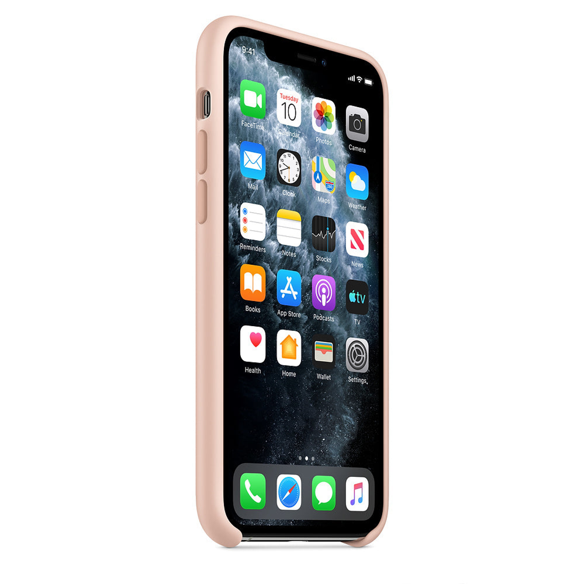 Funda rosa para iPhone. Pantalla con iconos de aplicaciones y hora 9:41.