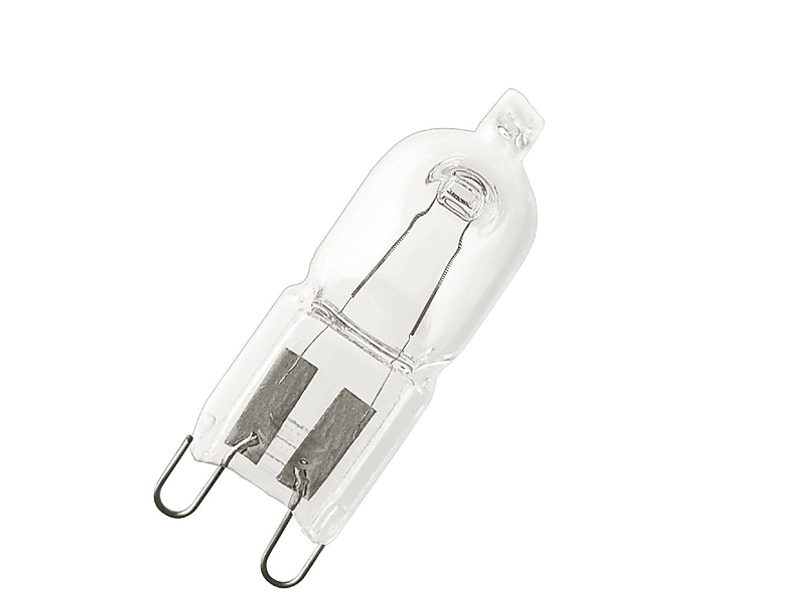 Una lampadina alogena trasparente con due pin e un filamento.