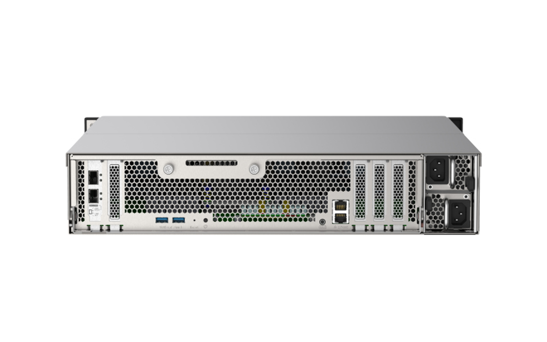 Rückseite des QNAP-Servers, silbernes Metall. Anschlüsse, Lüfter und Stromeingänge sichtbar. Weißer Hintergrund.