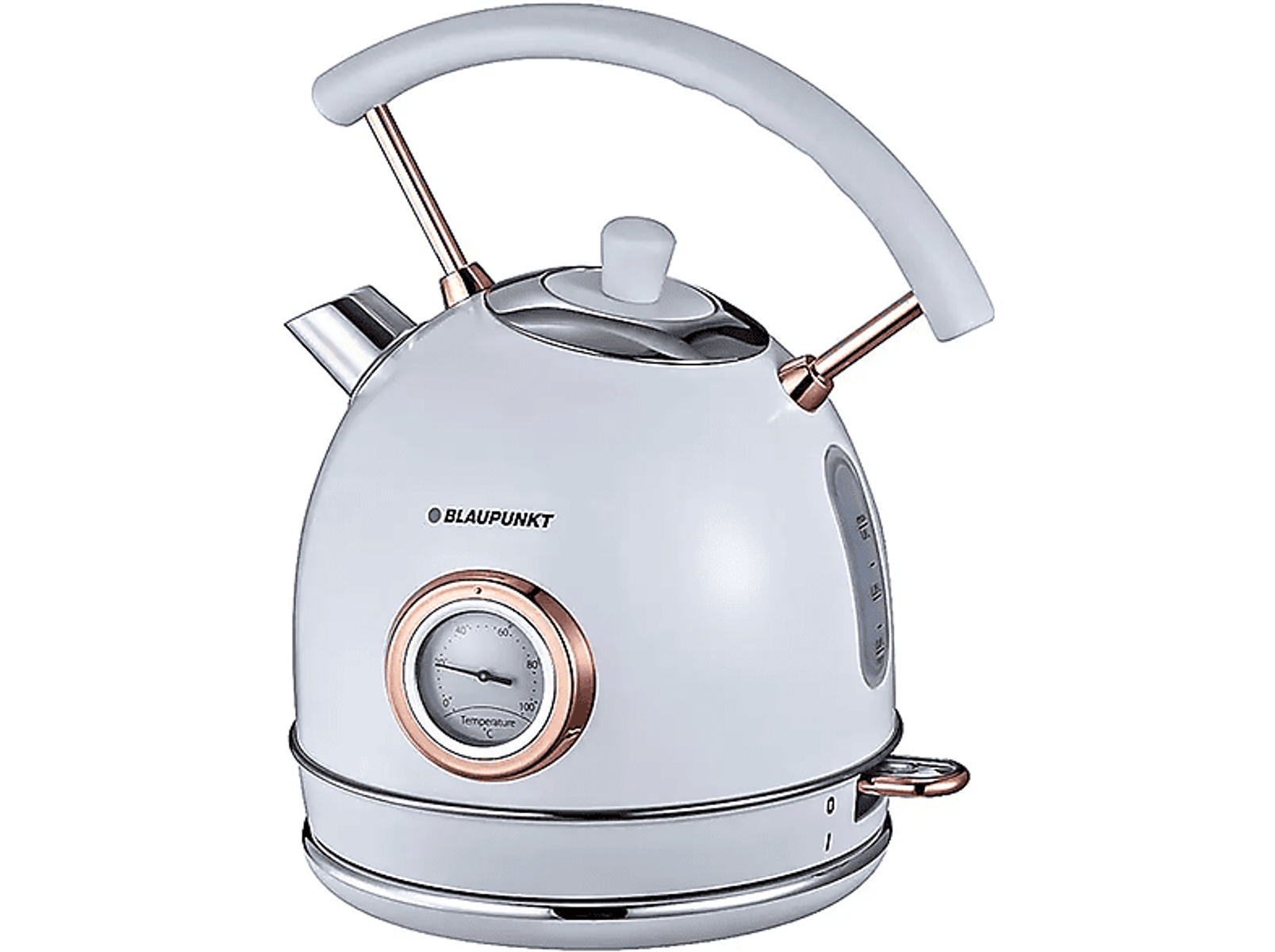 Een witte Blaupunkt-waterkoker met een thermometer, roségouden accenten en een witte handgreep, op een zwart oppervlak.