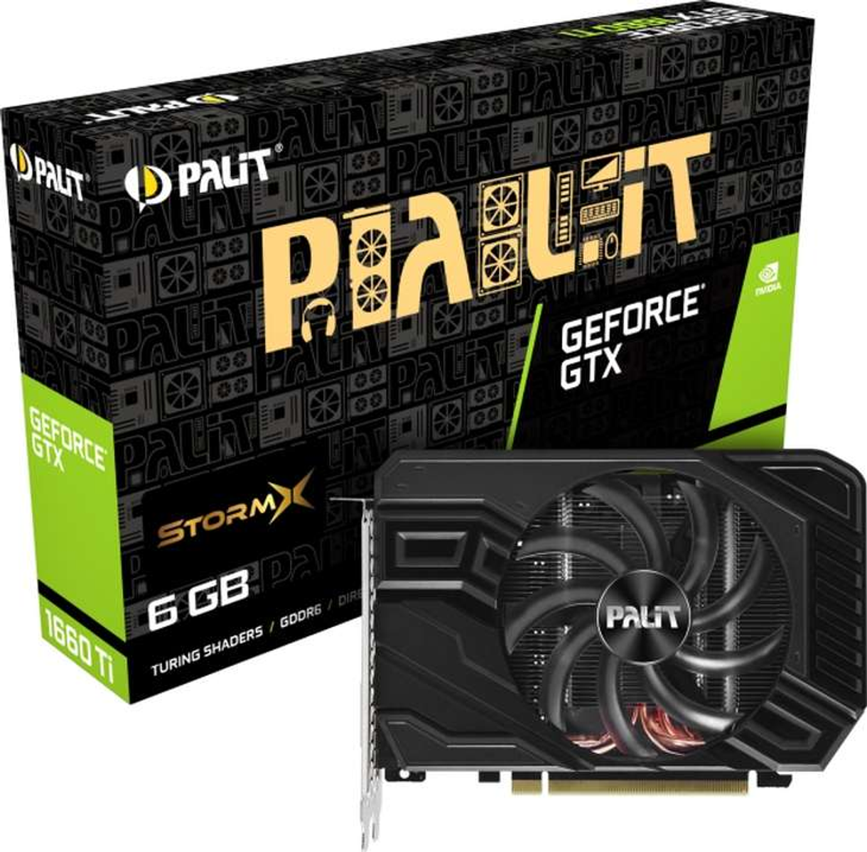 Palit GeForce GTX 1660 Ti Grafikkarte und Verpackung, schwarz-grünes Thema.
