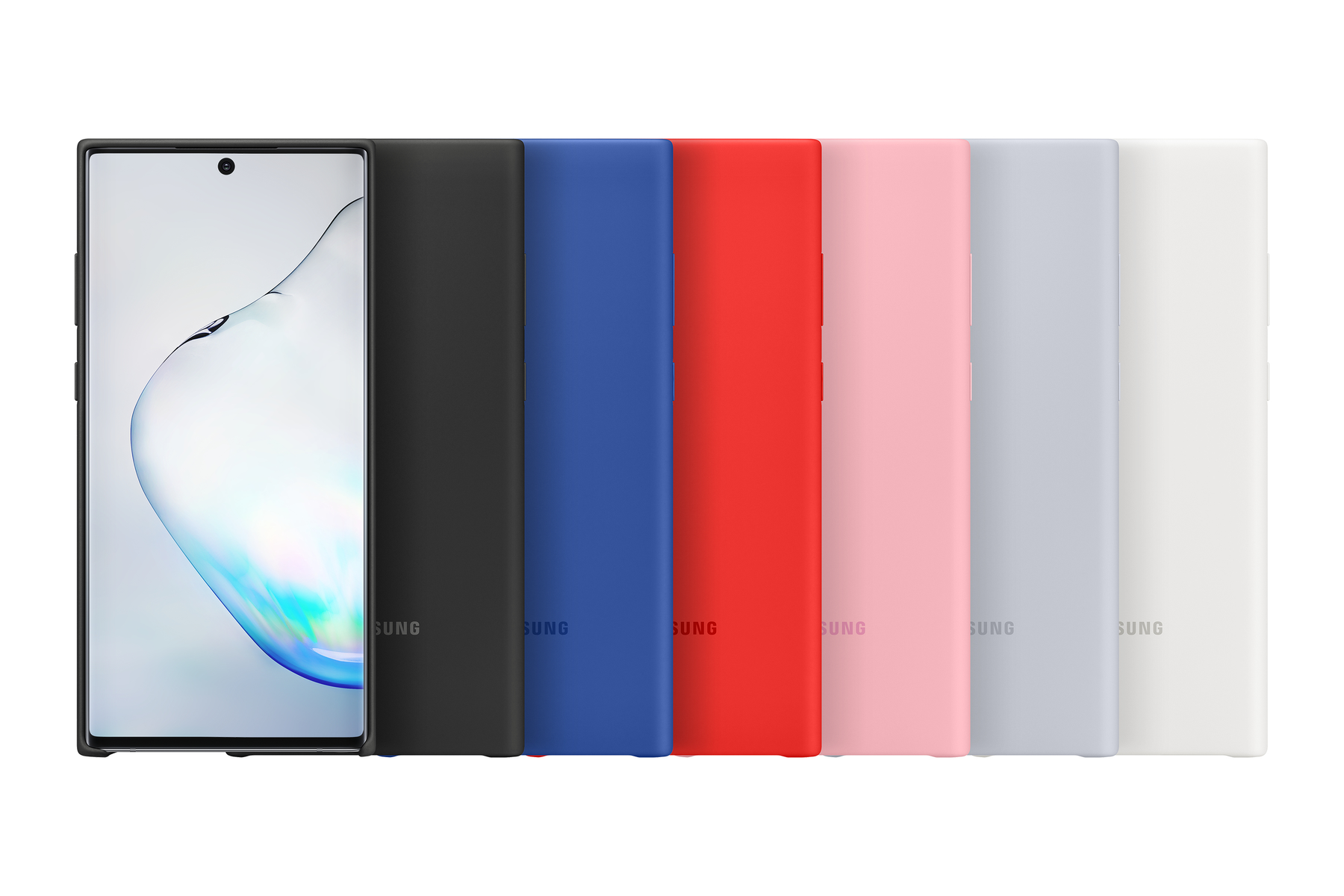 Sette custodie per telefono di vari colori allineate con un telefono, su sfondo bianco.