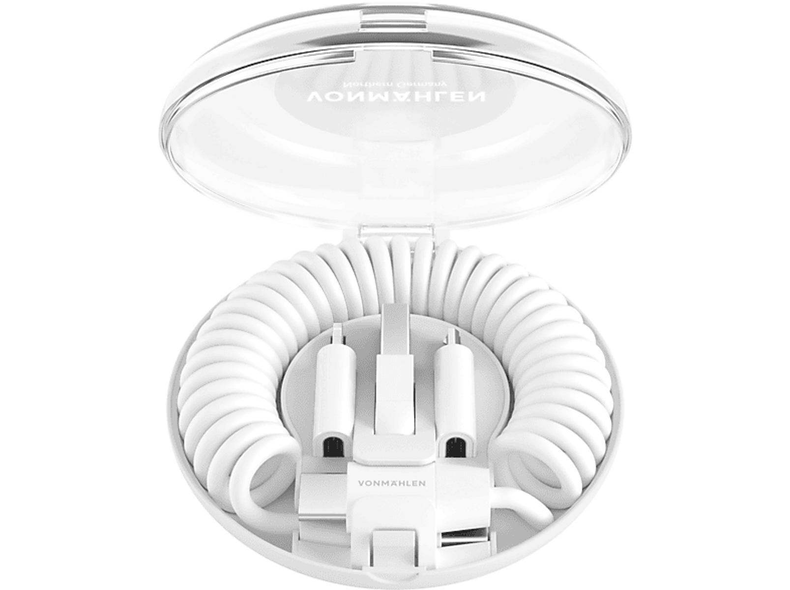 Organizzatore di cavi a spirale bianco con connettori all'interno di un contenitore ovale.