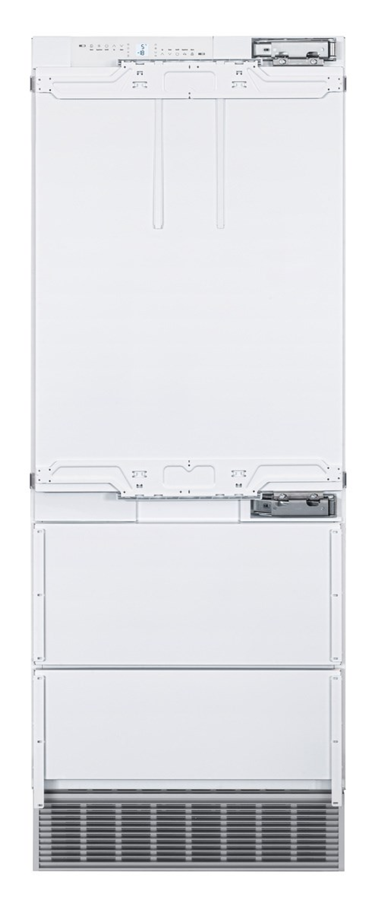 Frigorifero a incasso bianco con due porte e un cassetto congelatore inferiore. Su sfondo bianco.