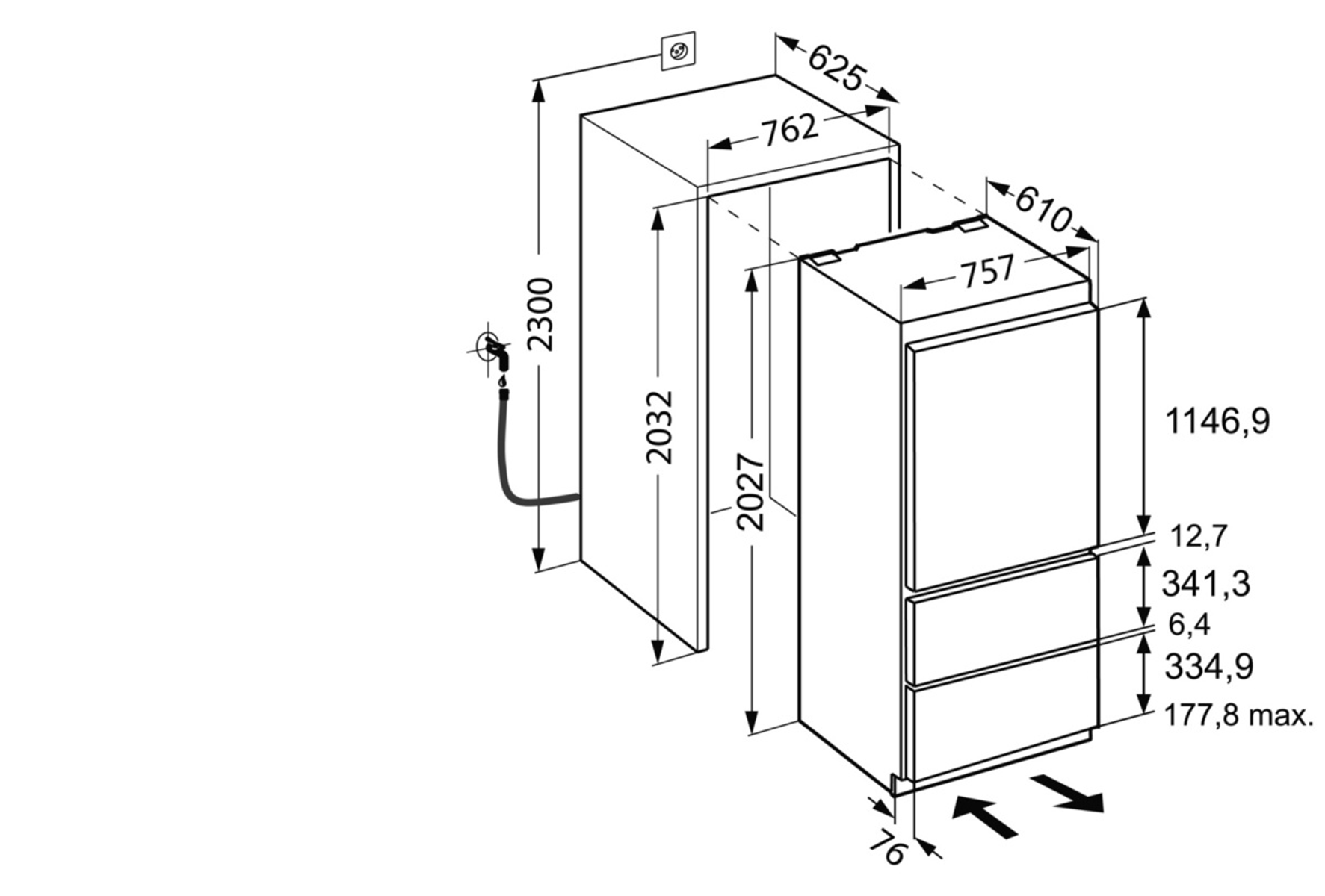 Disegno tecnico di un frigorifero-congelatore con dimensioni ed etichette di misurazione.