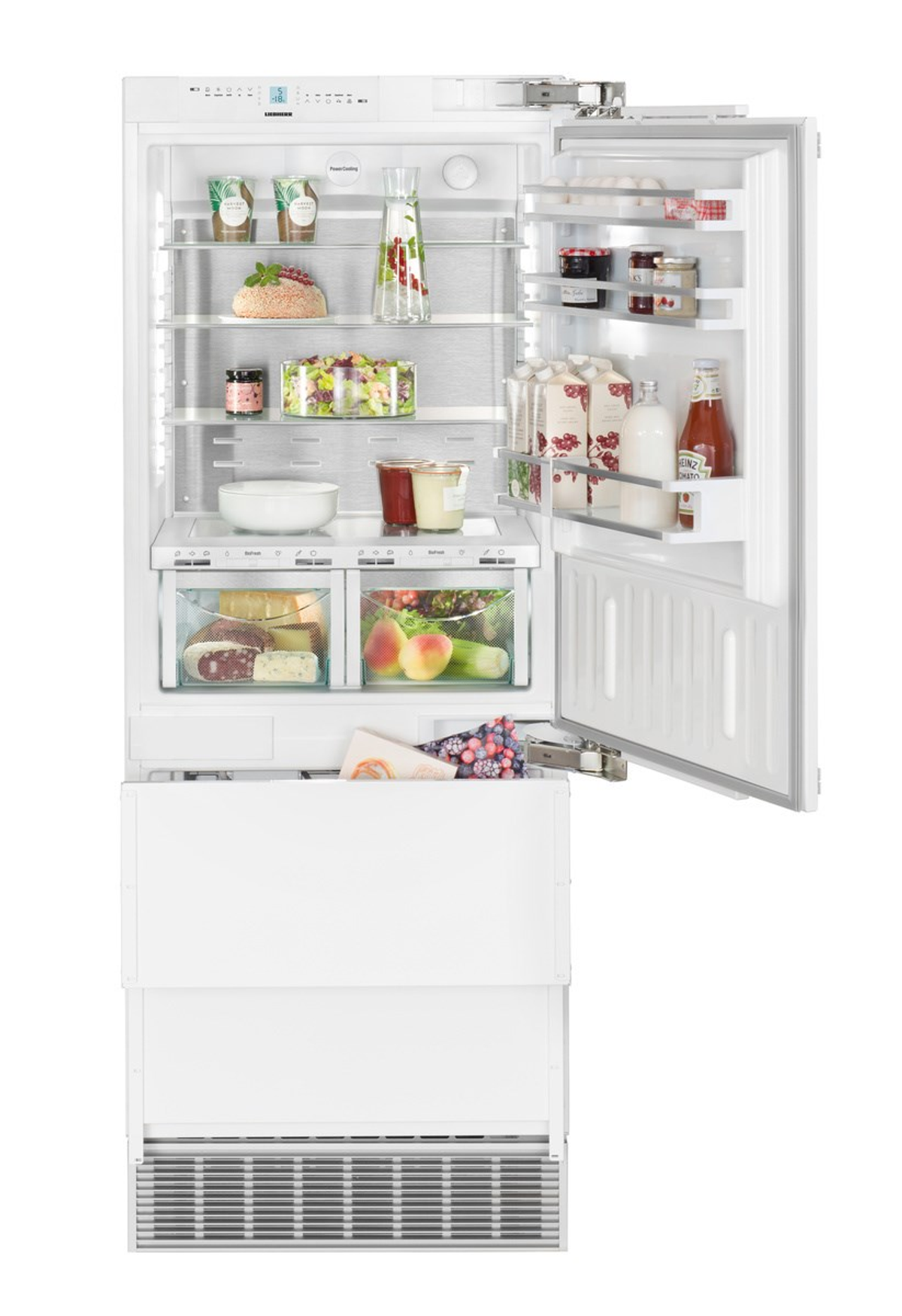Frigorifero bianco con porta aperta, pieno di generi alimentari.