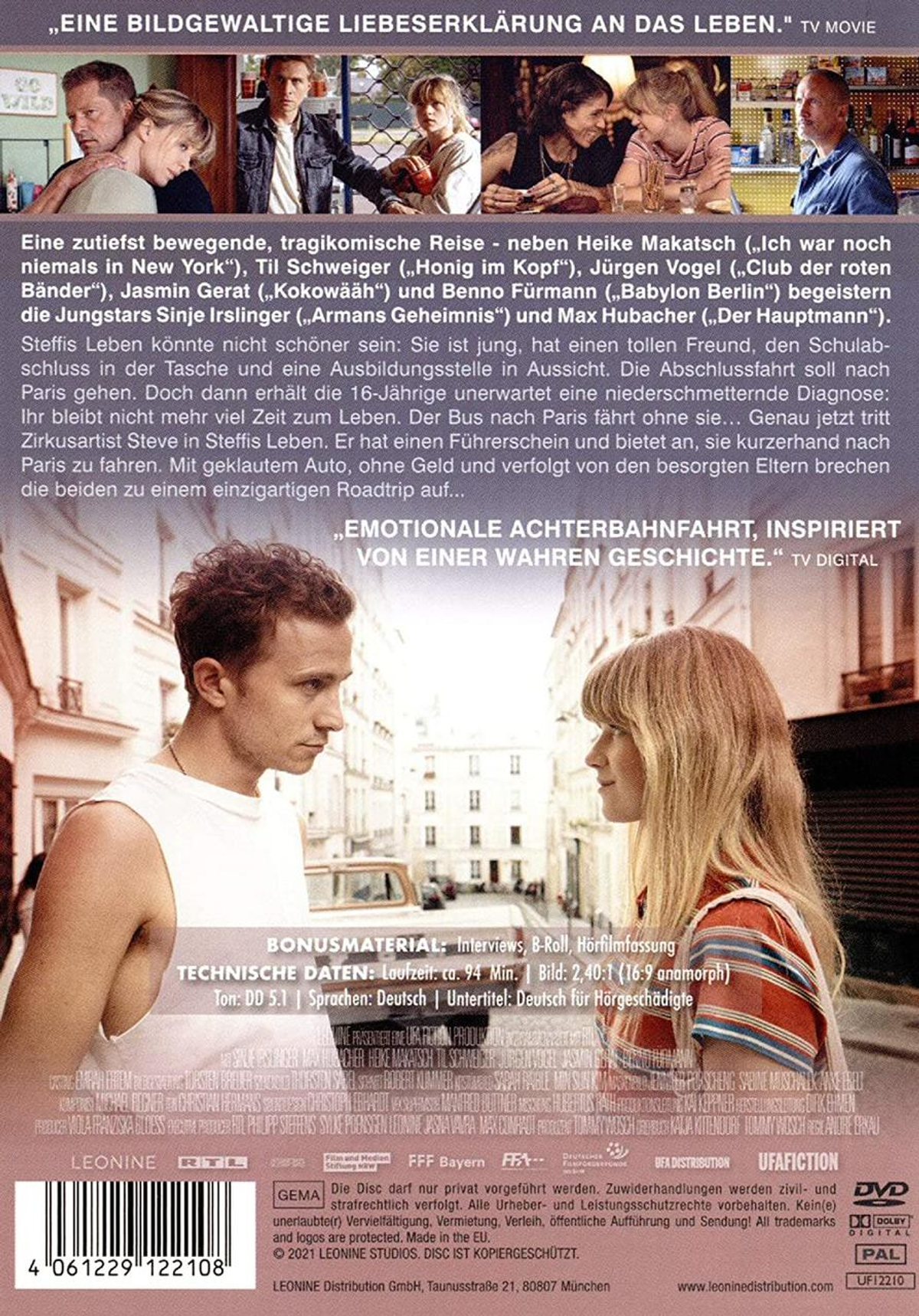 DVD-Rückseite mit Szenenbildern, Text und Bildern der Schauspieler im oberen Bereich.