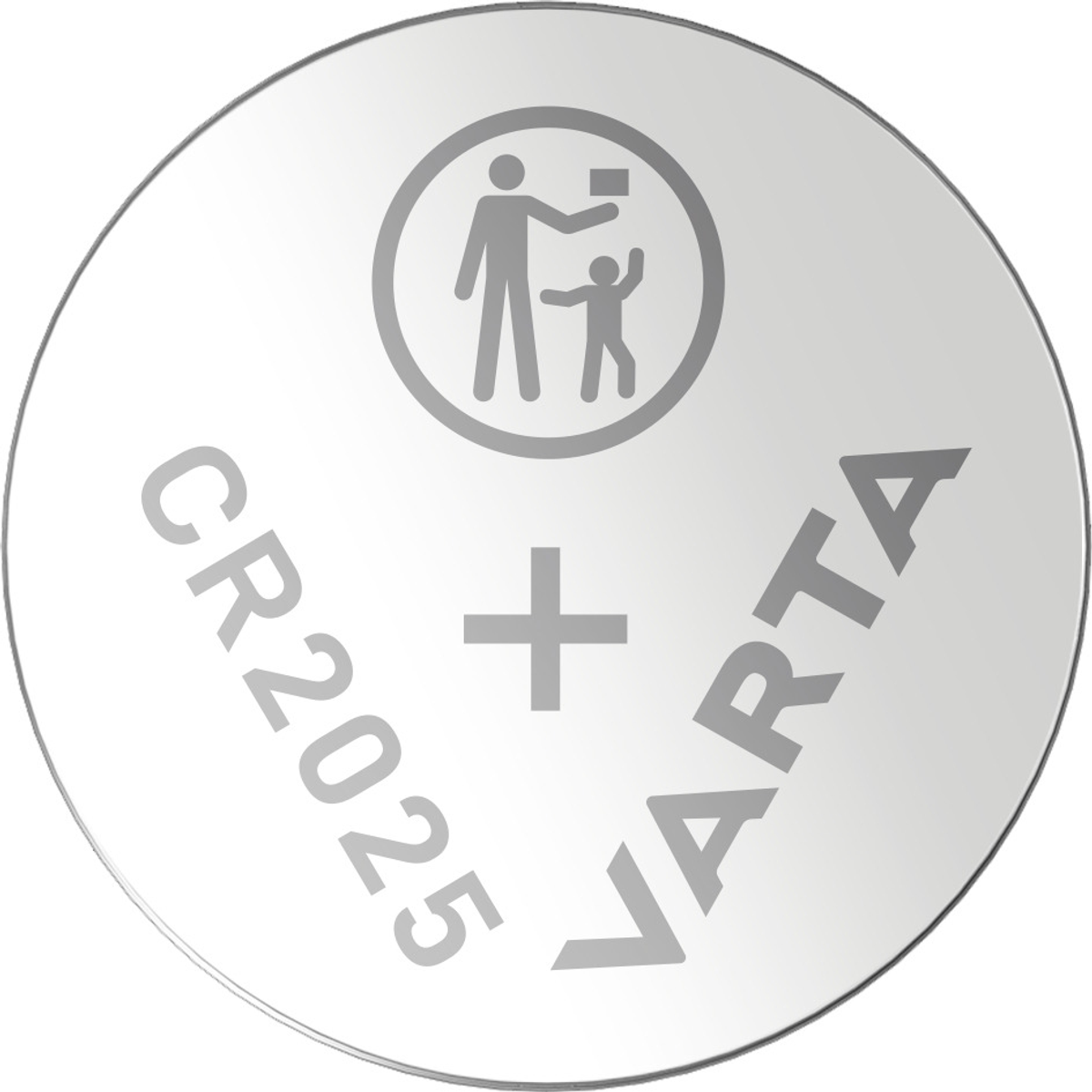 Batteria rotonda argentata CR2025 VARTA. Ha un simbolo di riciclaggio e testo.