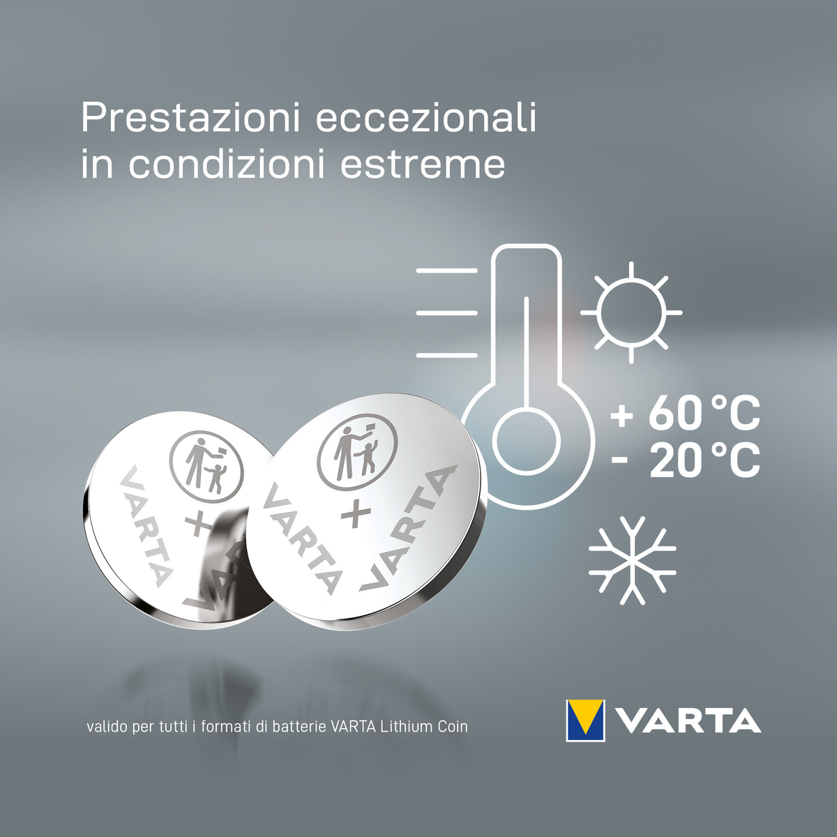 Afbeelding toont twee knoopcelbatterijen met symbolen voor temperatuur en extreme condities.