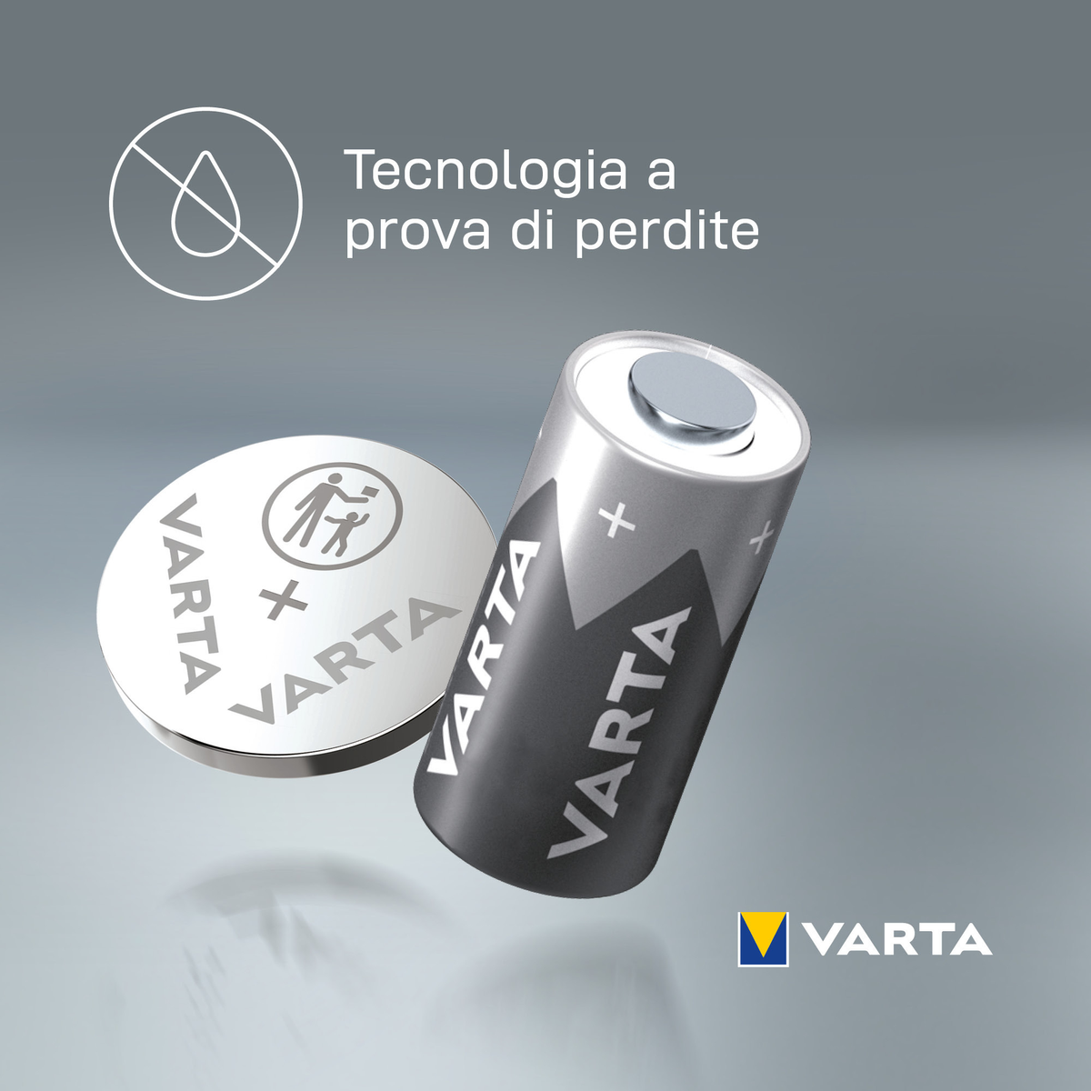 Twee Varta-batterijen met tekst en logo. Grijze achtergrond met tekstoverlay.